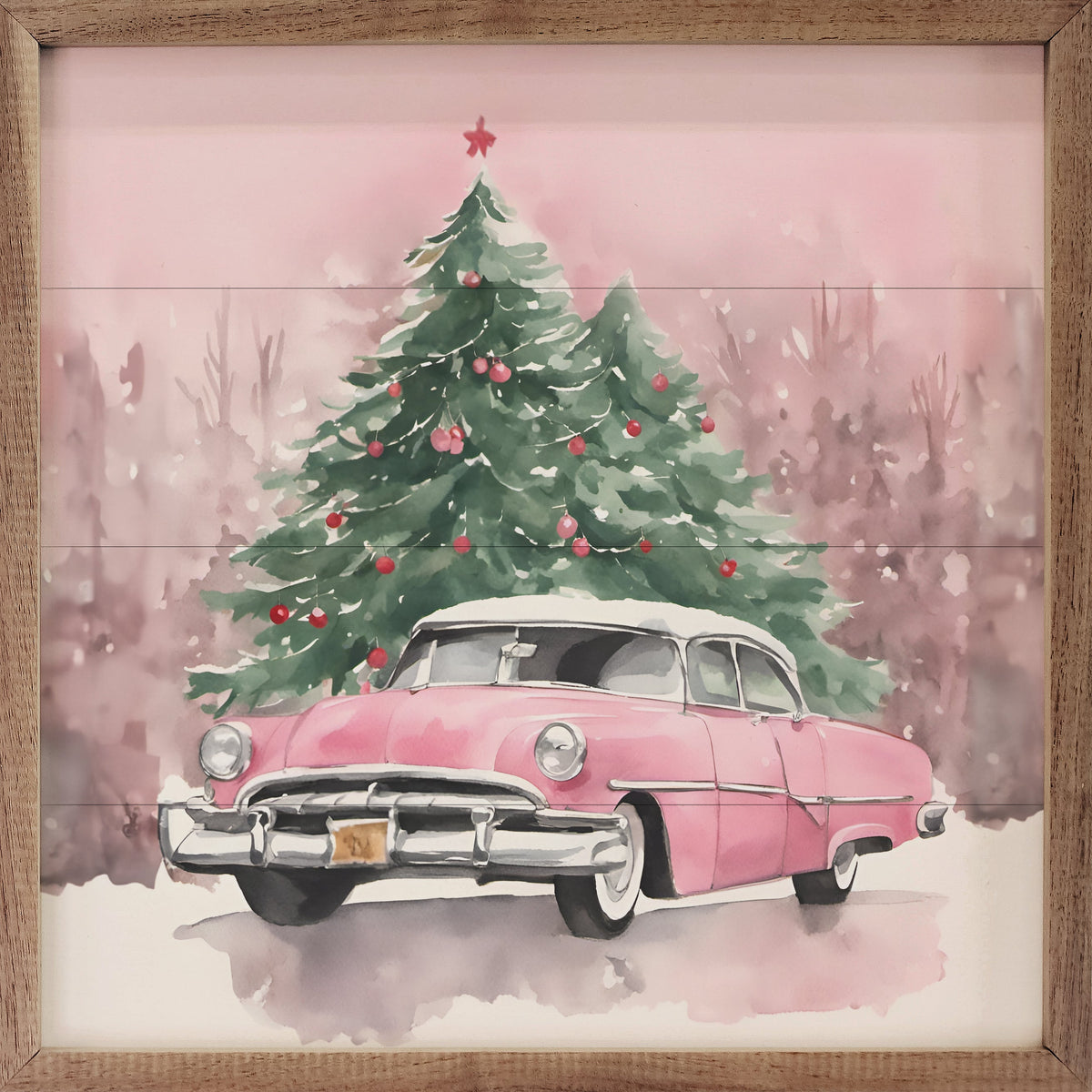 Pink Car With Christmas Trees Printed and Framed Wall Sign