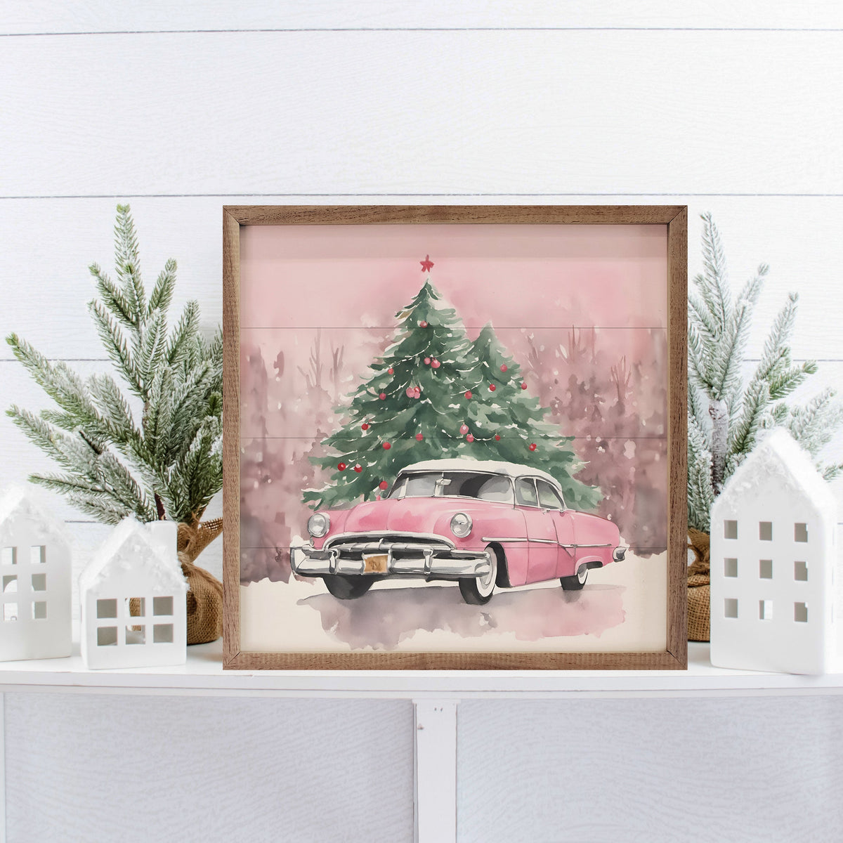 Pink Car With Christmas Trees Printed and Framed Wall Sign