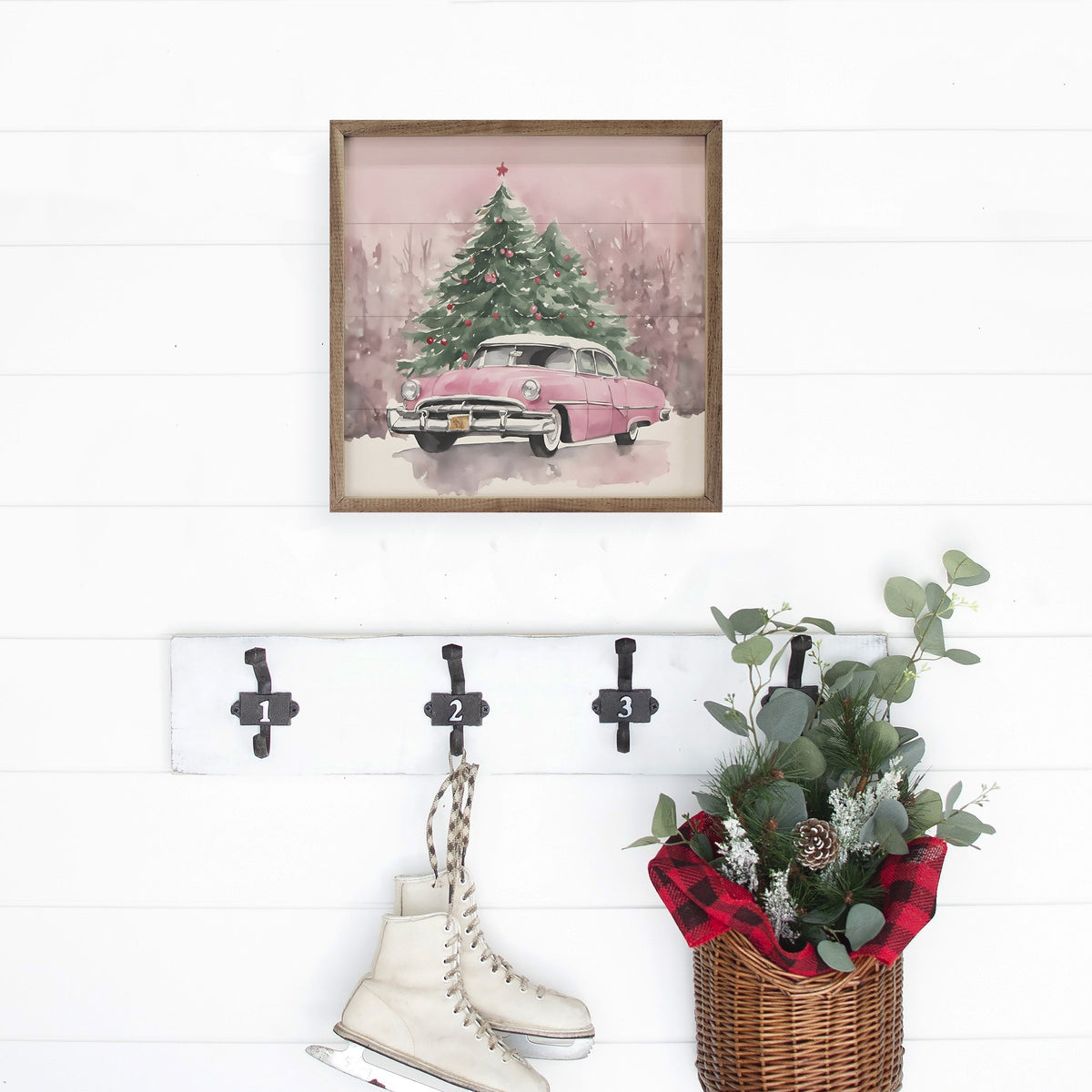 Pink Car With Christmas Trees Printed and Framed Wall Sign