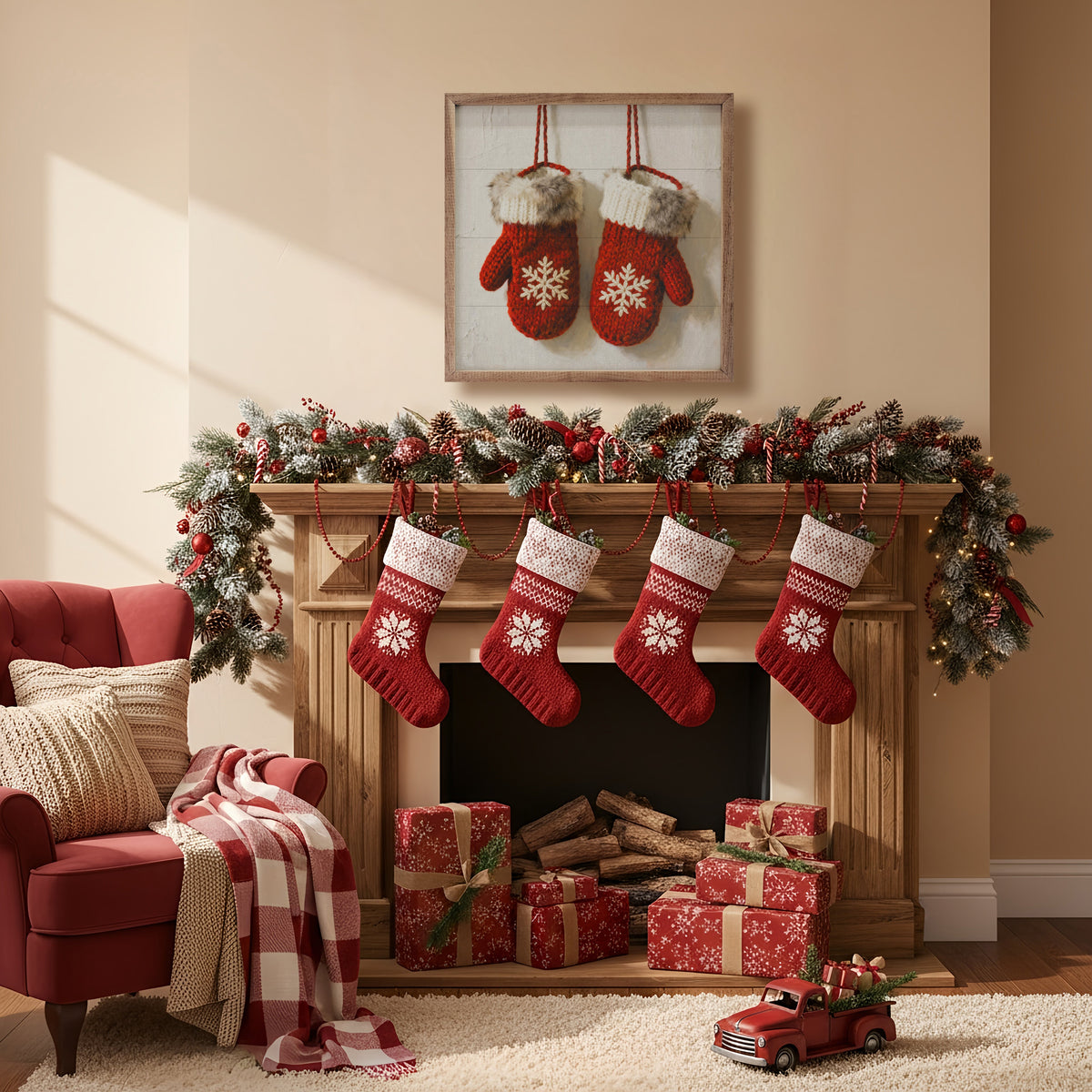 Red Mittens With Snowflakes Printed and Framed Wall Sign