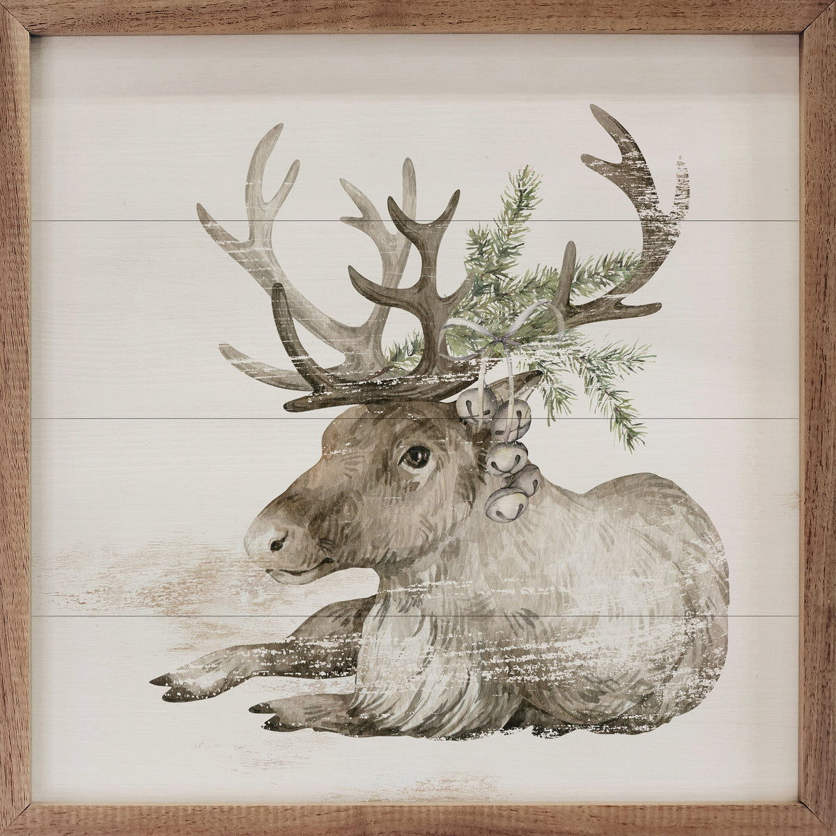 Reindeer With Pine Whitewash Printed and Framed Wall Sign