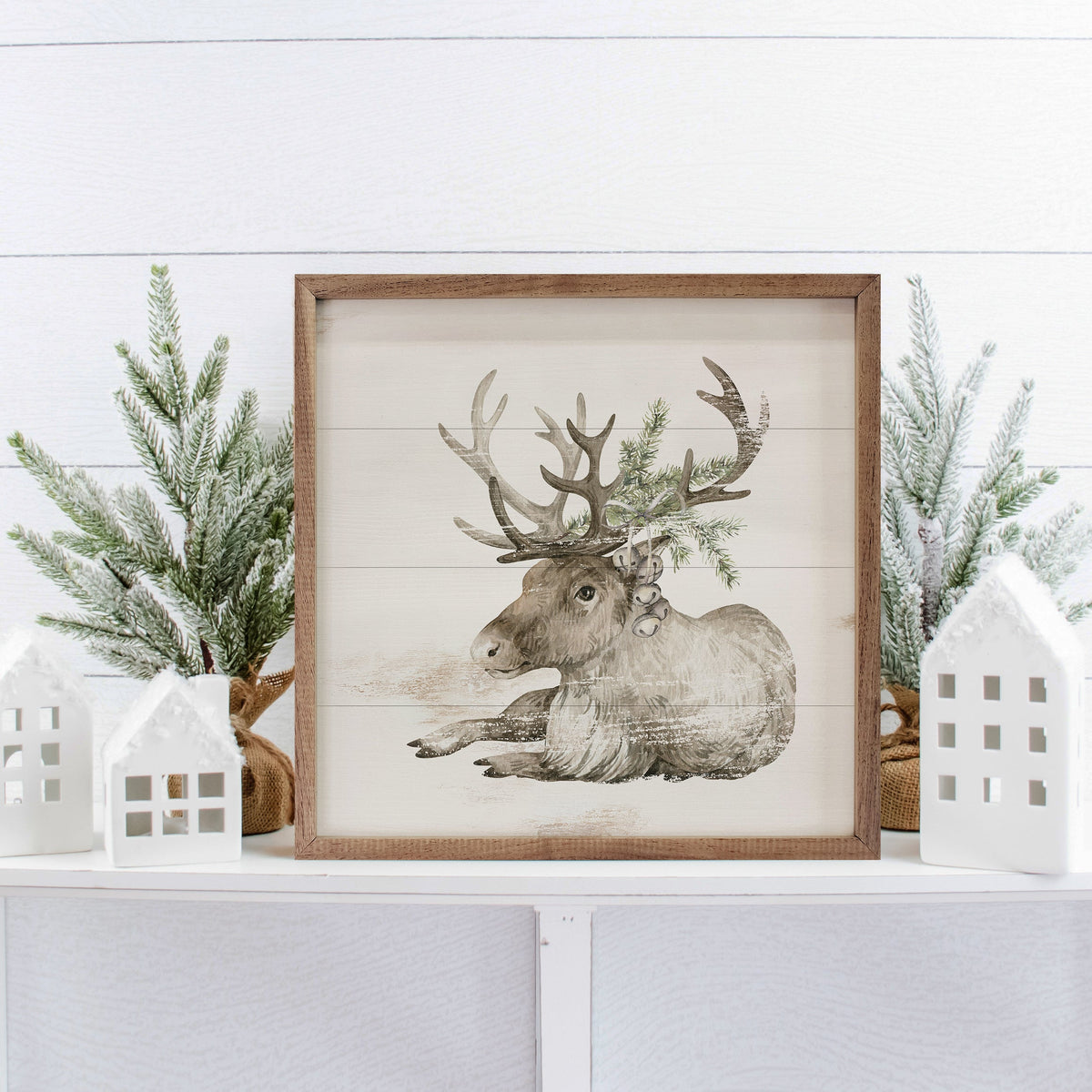 Reindeer With Pine Whitewash Printed and Framed Wall Sign