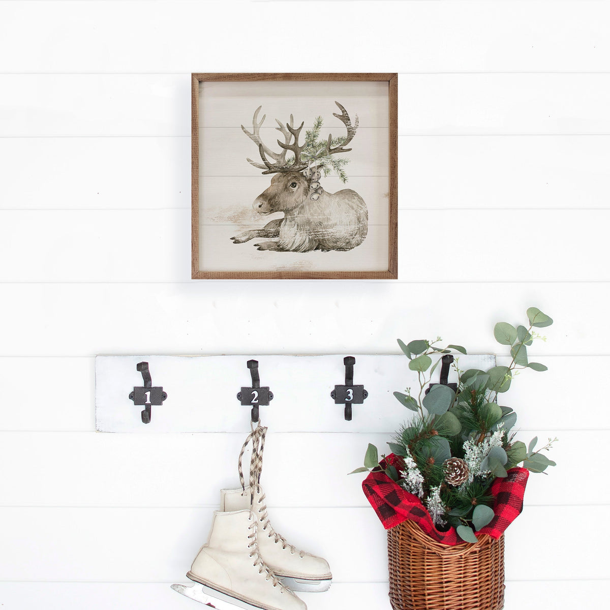 Reindeer With Pine Whitewash Printed and Framed Wall Sign