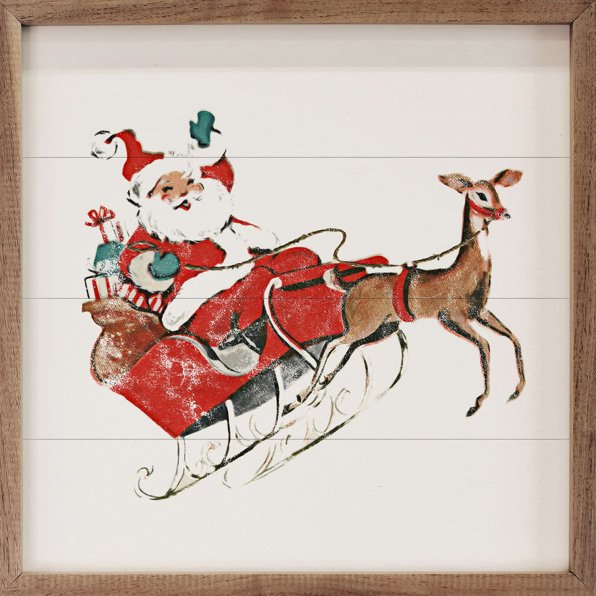 Santa And Reindeer Retro Printed and Framed Wall Sign