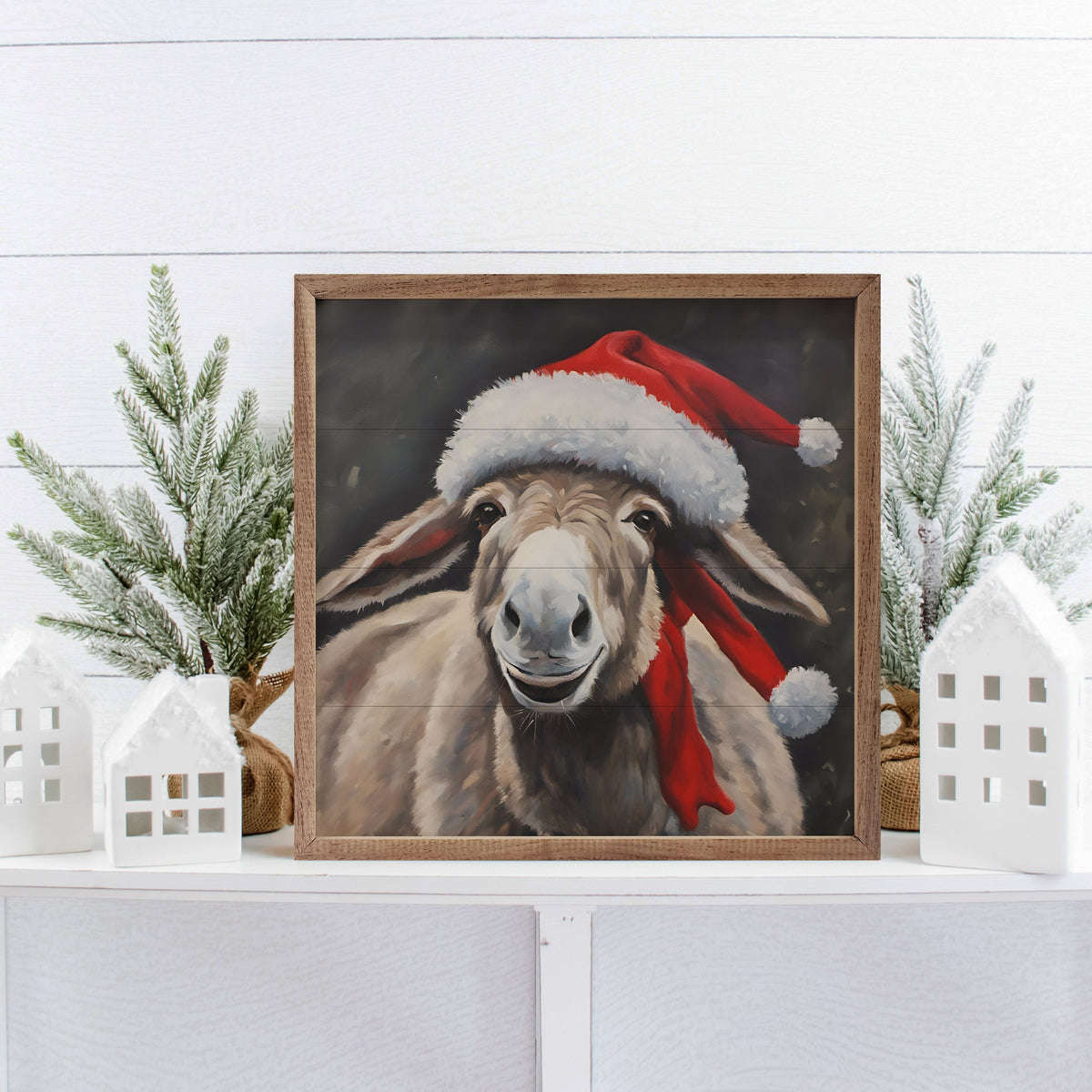 Santa Donkey With Hat Printed and Framed Wall Sign