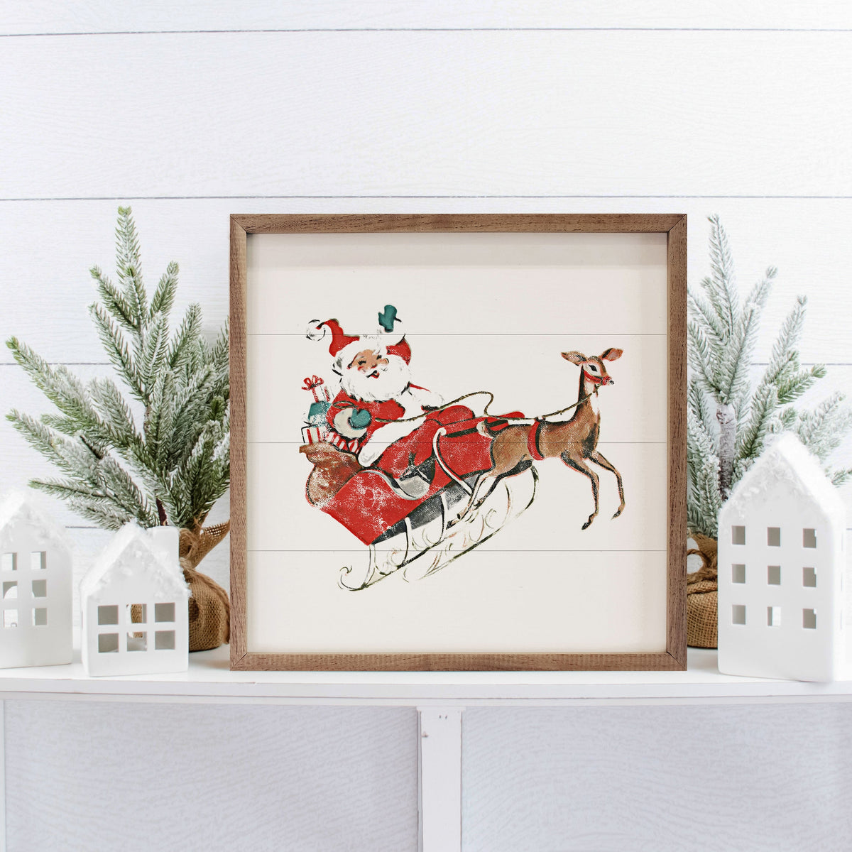 Santa And Reindeer Retro Printed and Framed Wall Sign