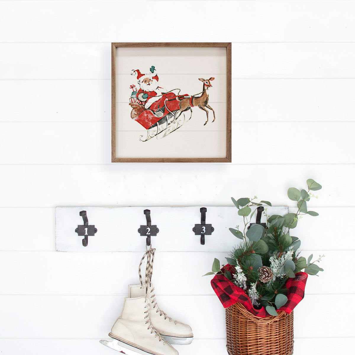 Santa And Reindeer Retro Printed and Framed Wall Sign