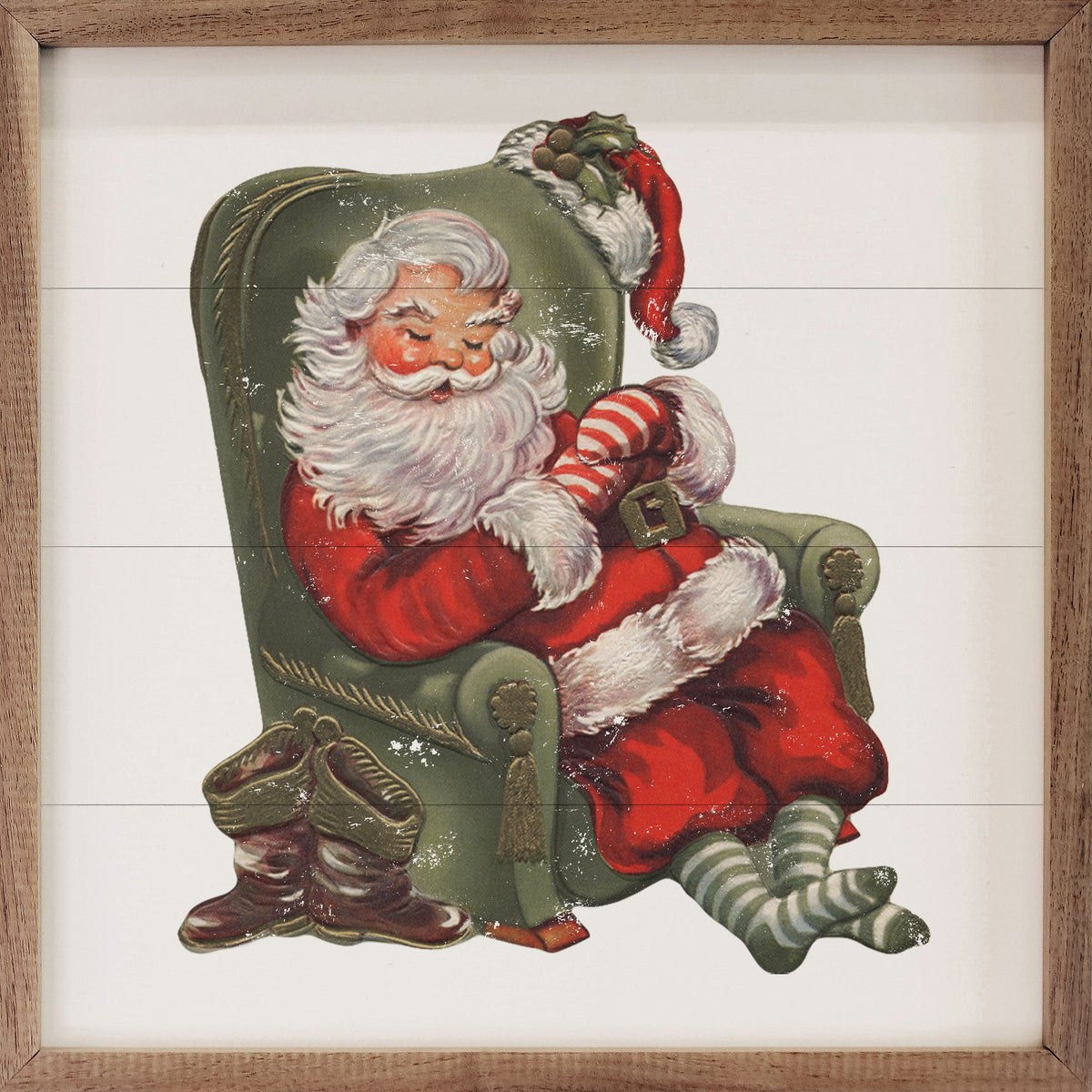 Sleeping Santa Green Chair Printed and Framed Wall Sign