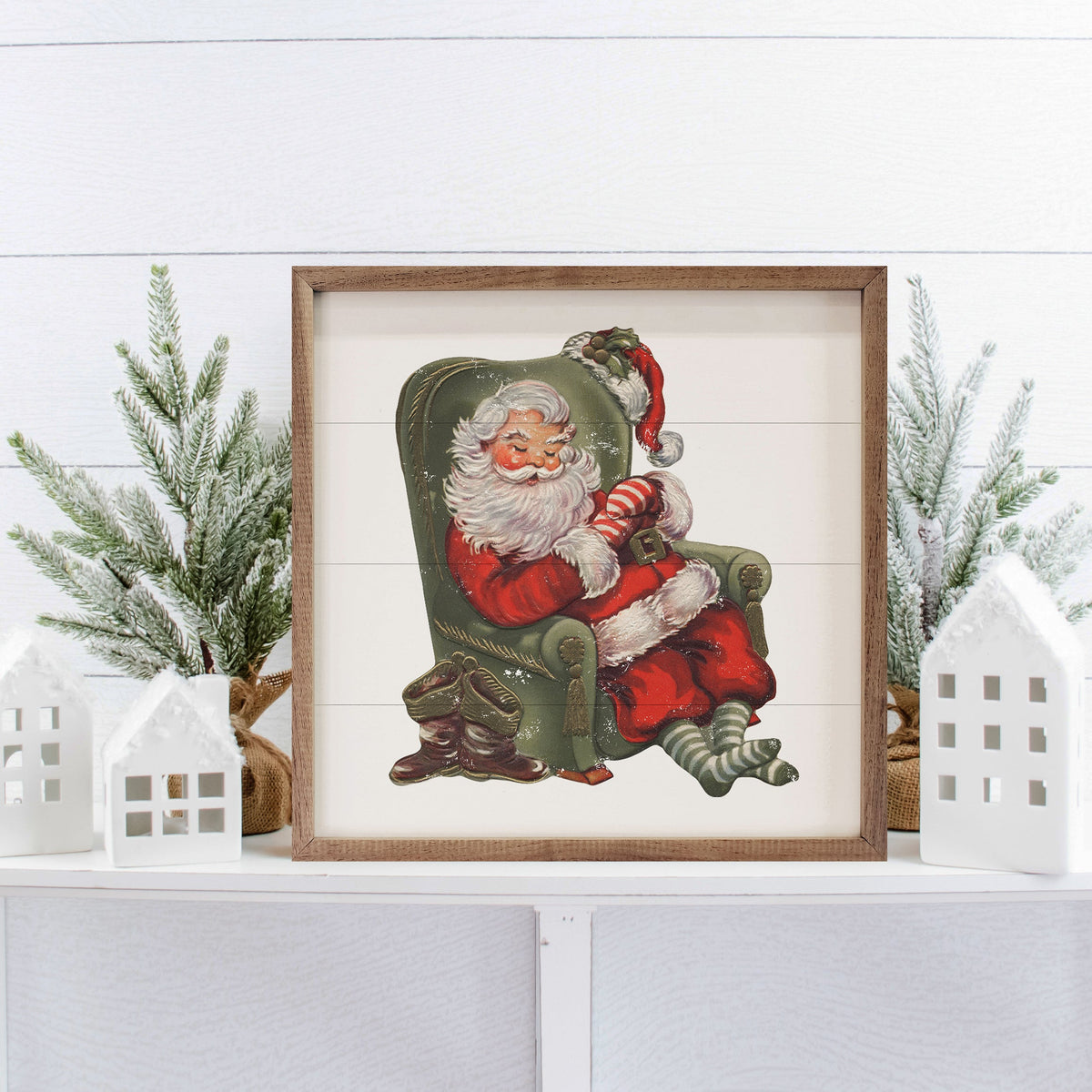 Sleeping Santa Green Chair Printed and Framed Wall Sign