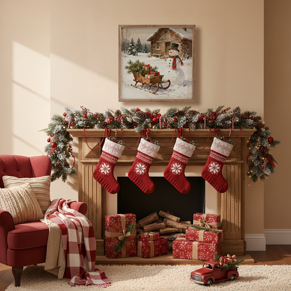 Snowman With Sleigh Printed and Framed Wall Sign