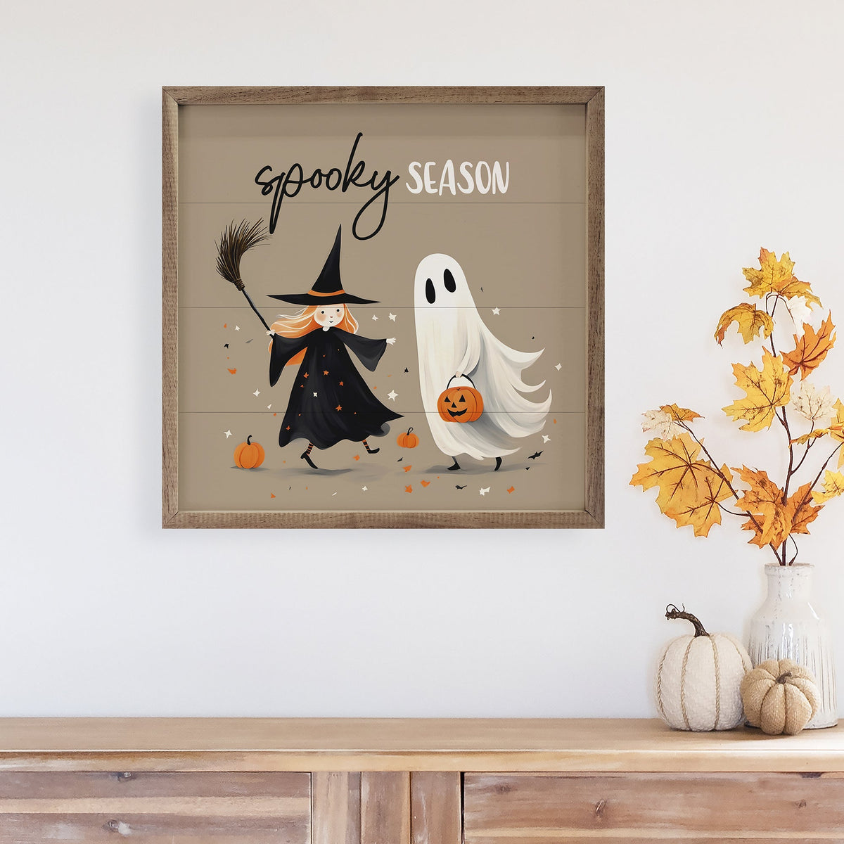 Spooky Season Witch And Ghost Brown Printed and Framed Wall Sign