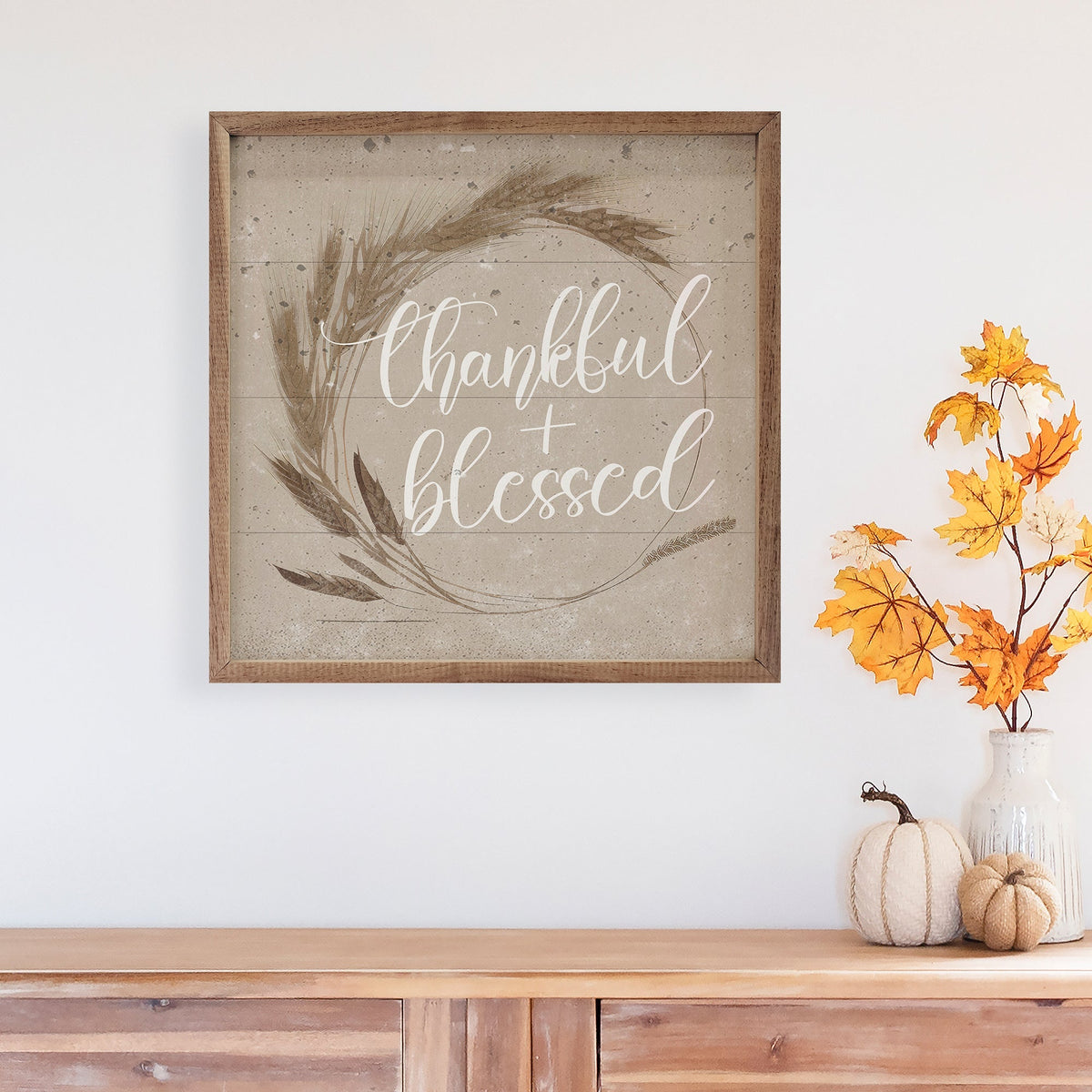 Thankful And Blessed Wreath Tan Printed and Framed Wall Sign