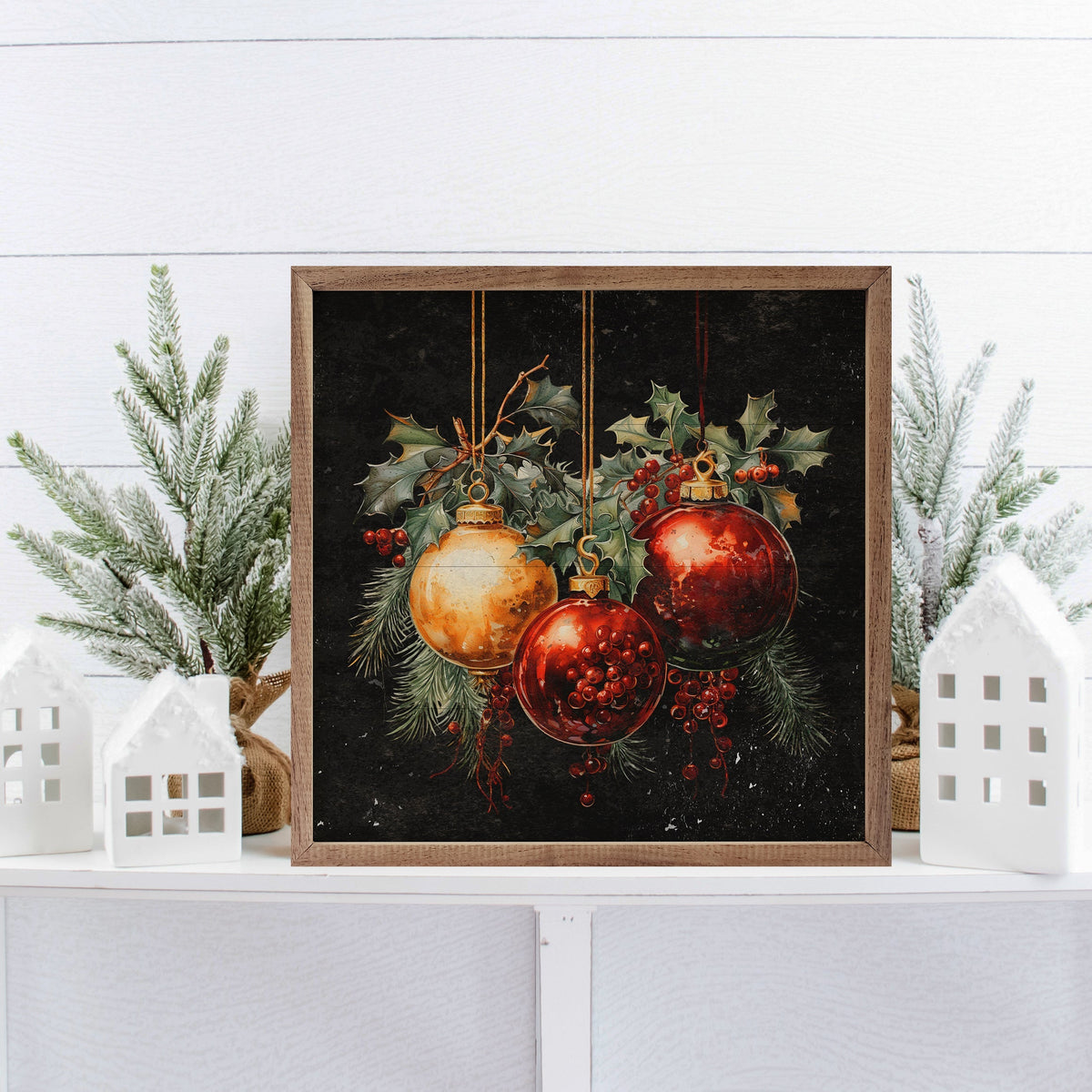 Three Ornaments With Holly Black Printed and Framed Wall Sign