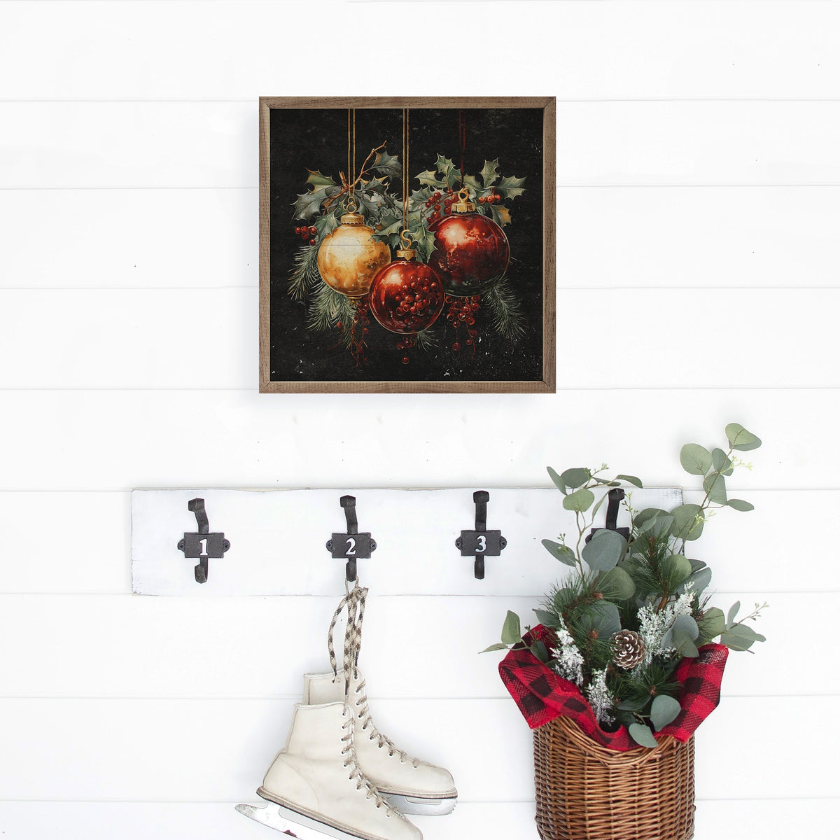 Three Ornaments With Holly Black Printed and Framed Wall Sign