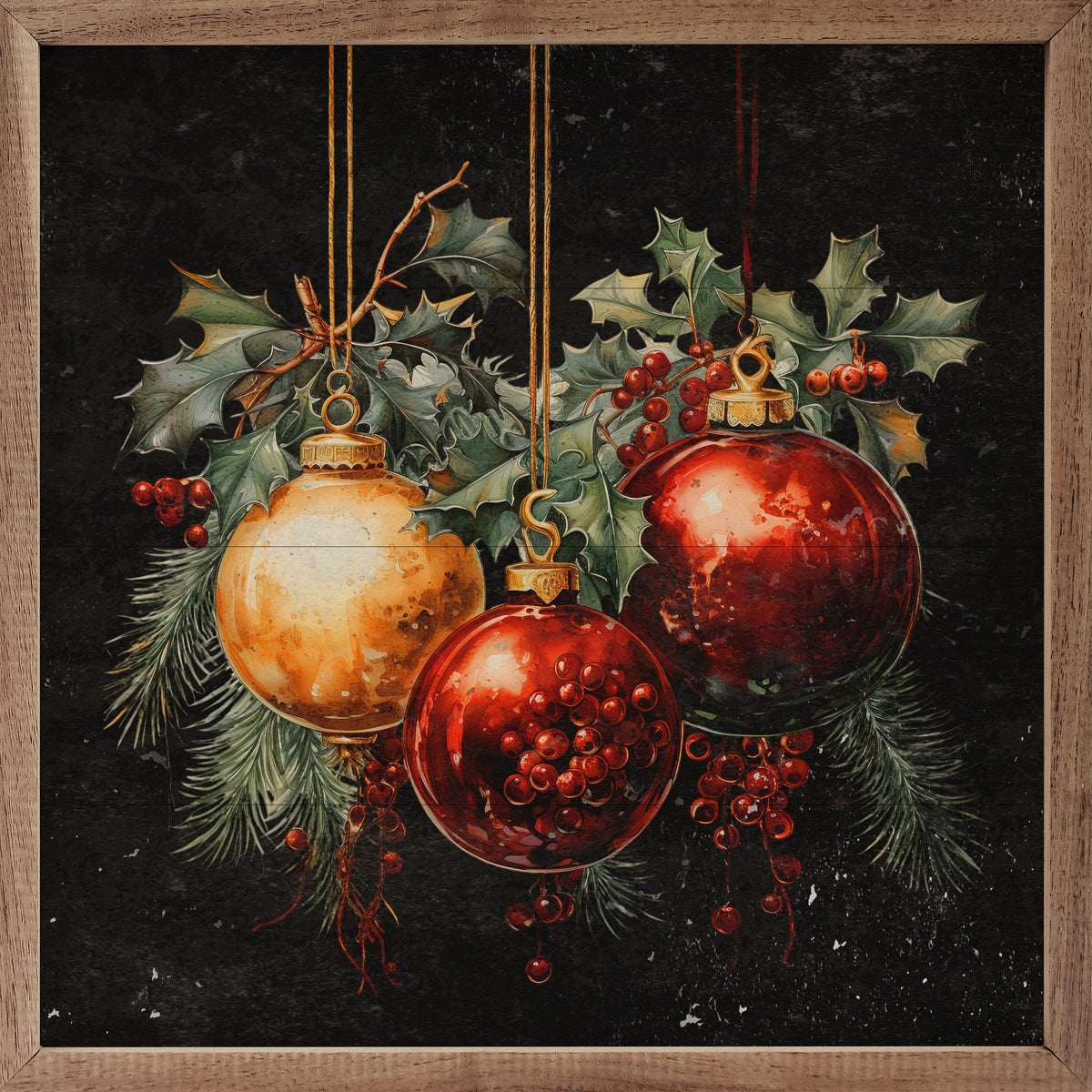 Three Ornaments With Holly Black Printed and Framed Wall Sign