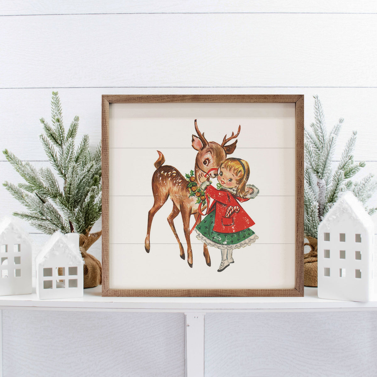 Vintage Deer With Girl Printed and Framed Wall Sign