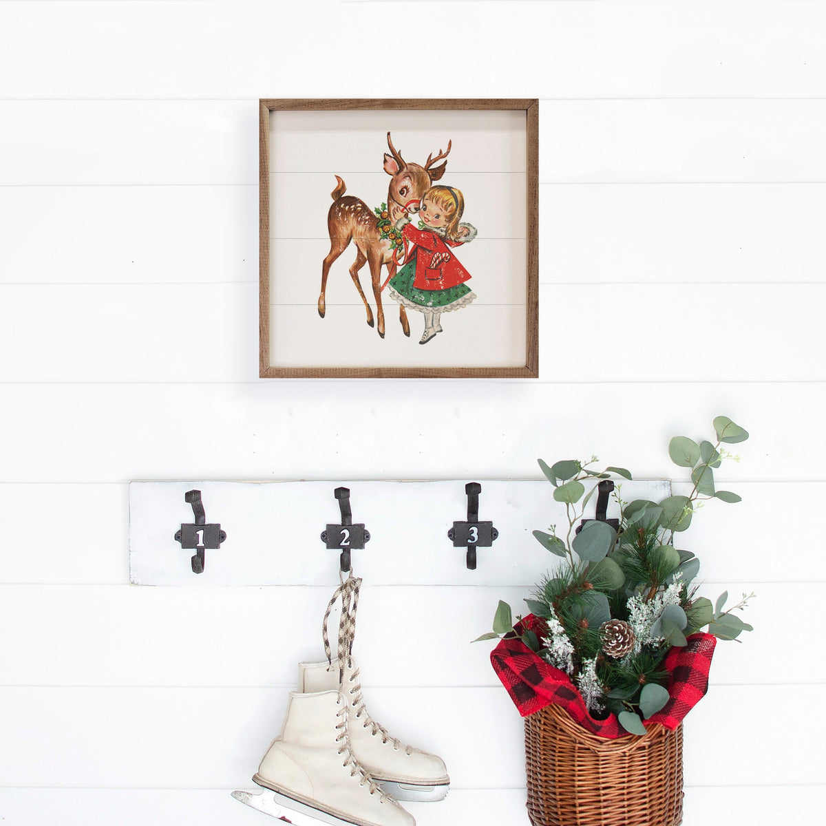 Vintage Deer With Girl Printed and Framed Wall Sign