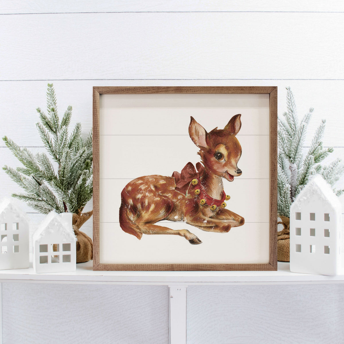 Vintage Deer With Jingle Bells Printed and Framed Wall Sign