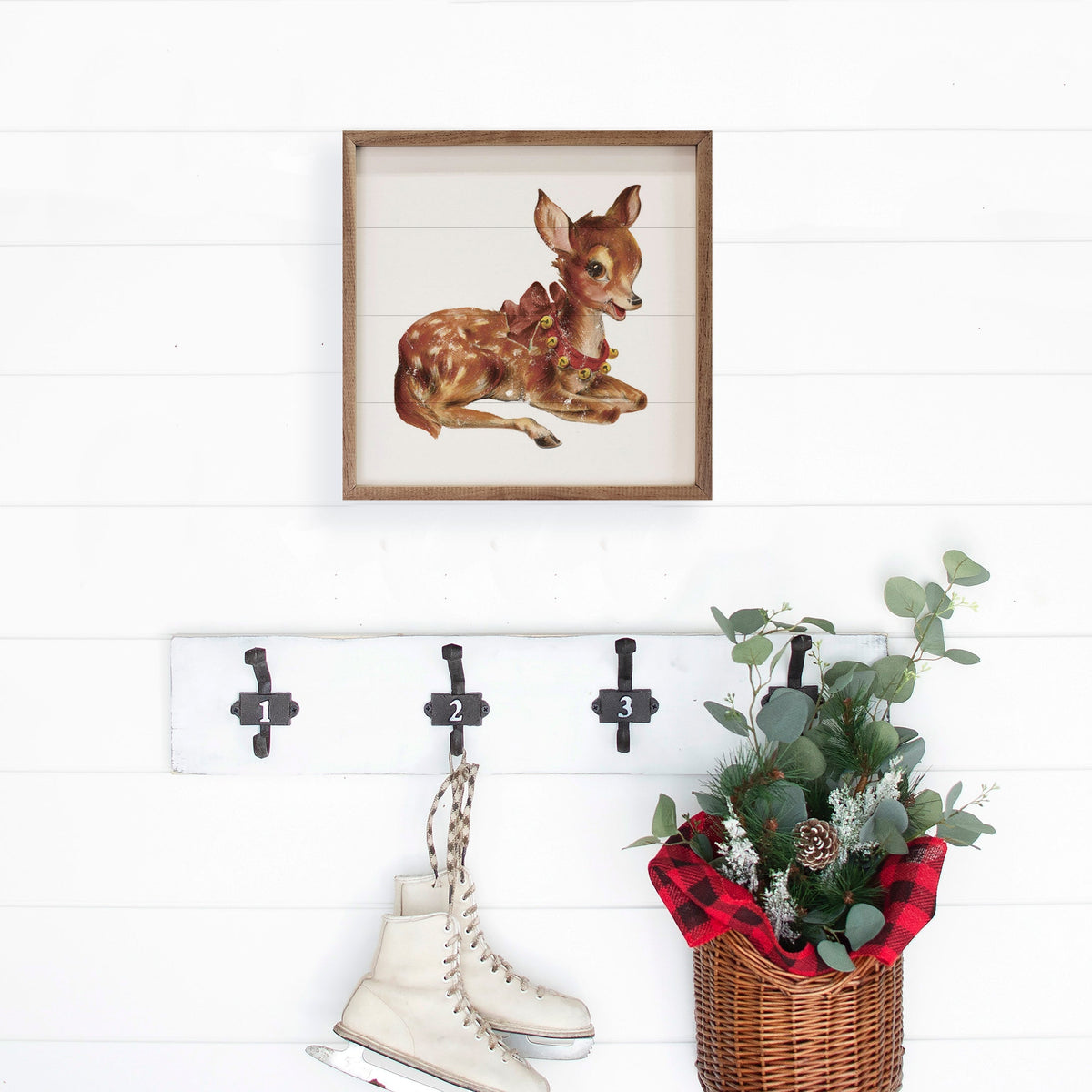 Vintage Deer With Jingle Bells Printed and Framed Wall Sign