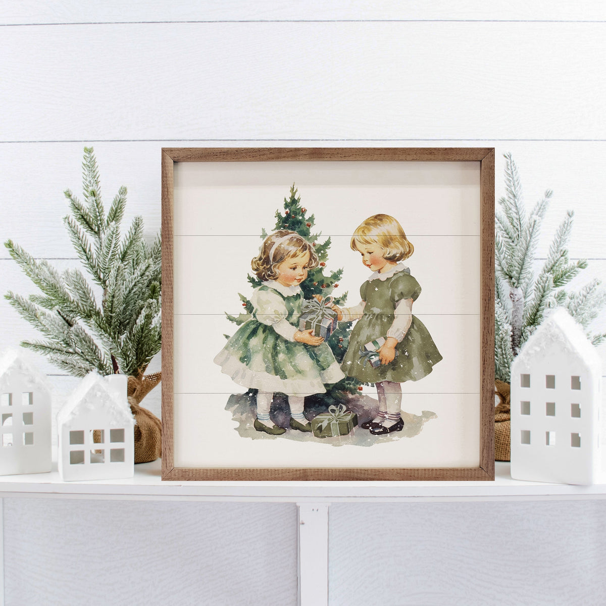 Vintage Girls Christmas With Large Tree Printed and Framed Wall Sign