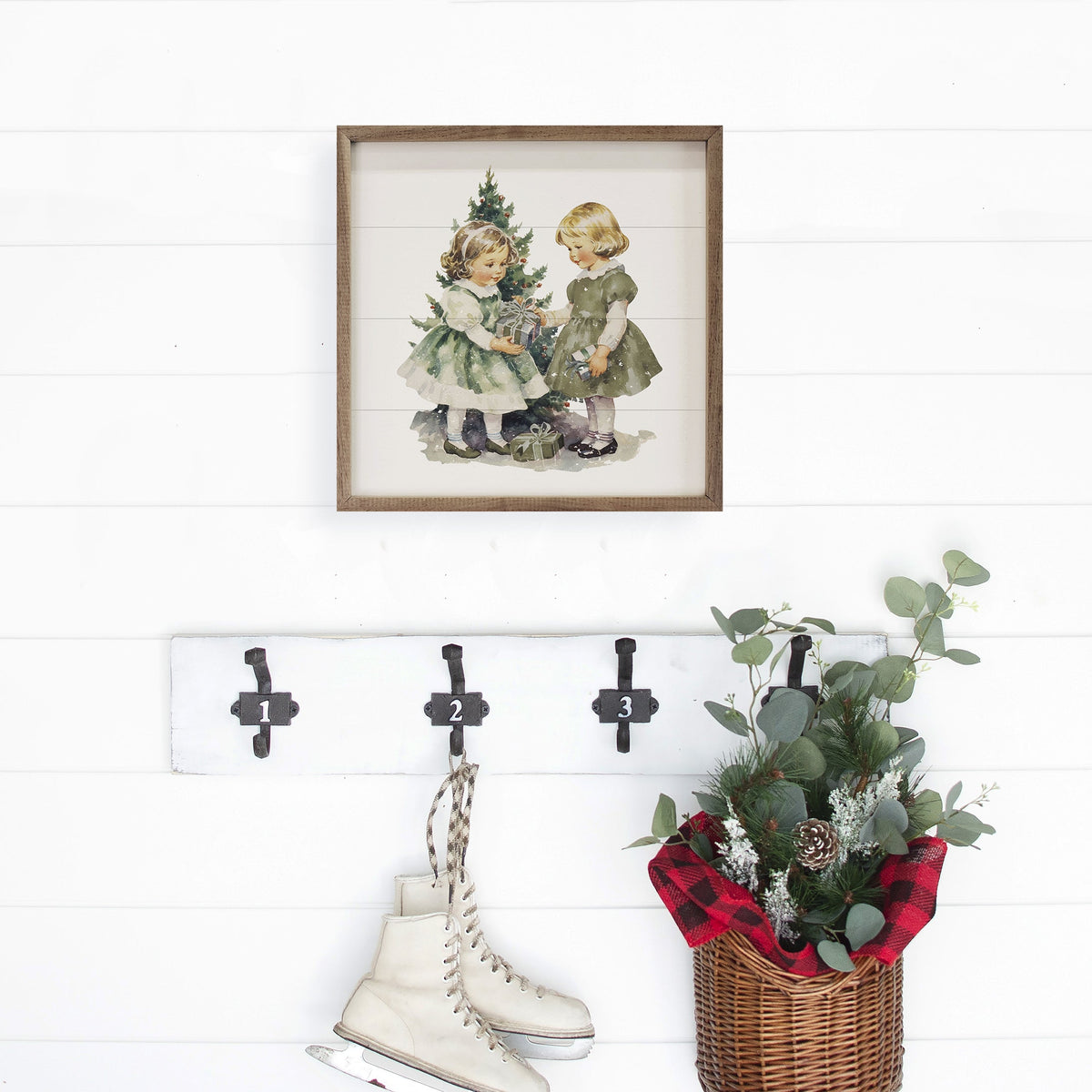 Vintage Girls Christmas With Large Tree Printed and Framed Wall Sign