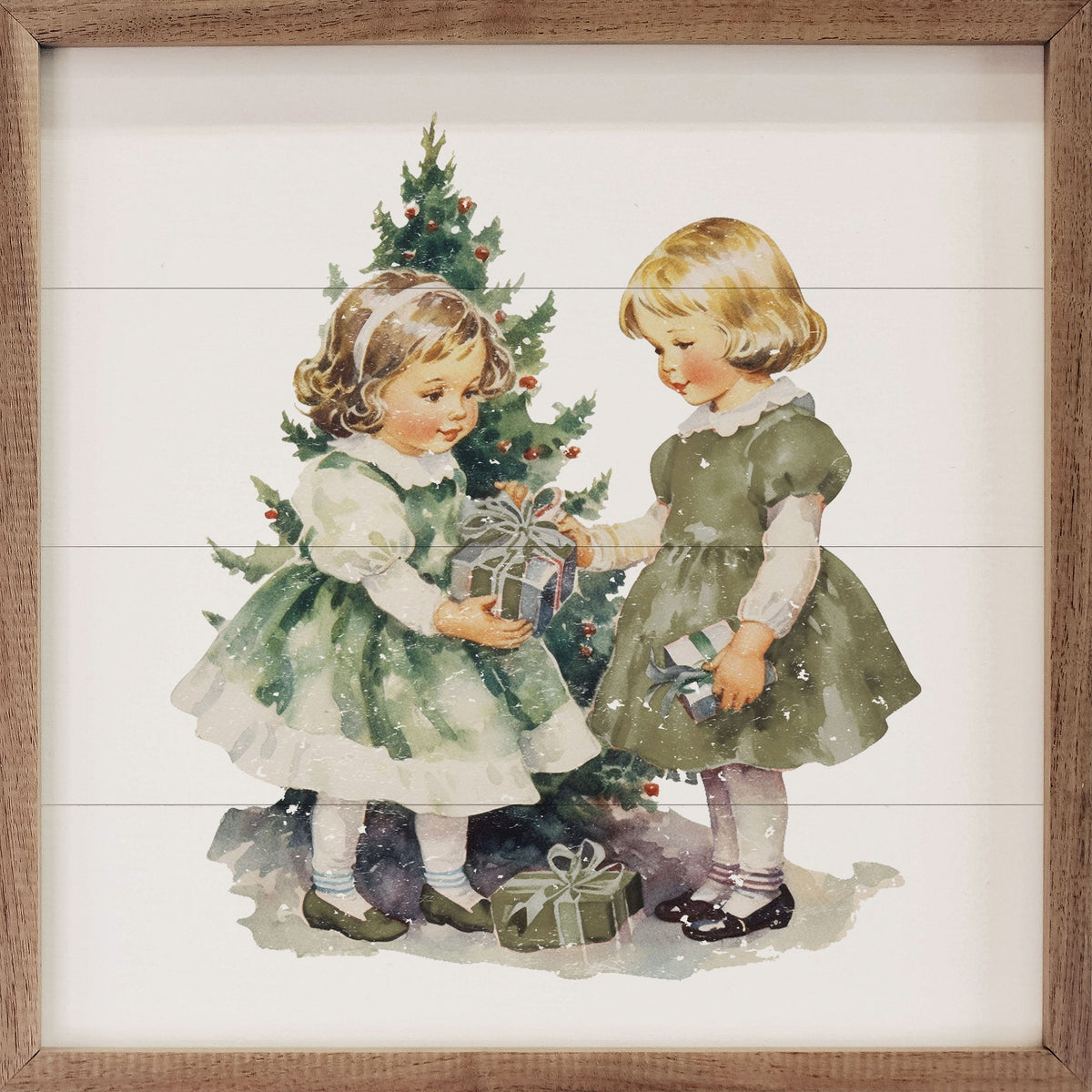 Vintage Girls Christmas With Large Tree Printed and Framed Wall Sign