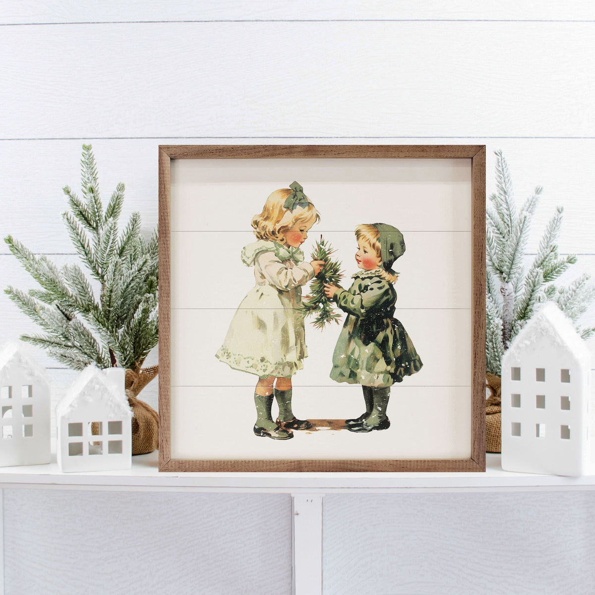 Vintage Girls Christmas With Small Tree Printed and Framed Wall Sign