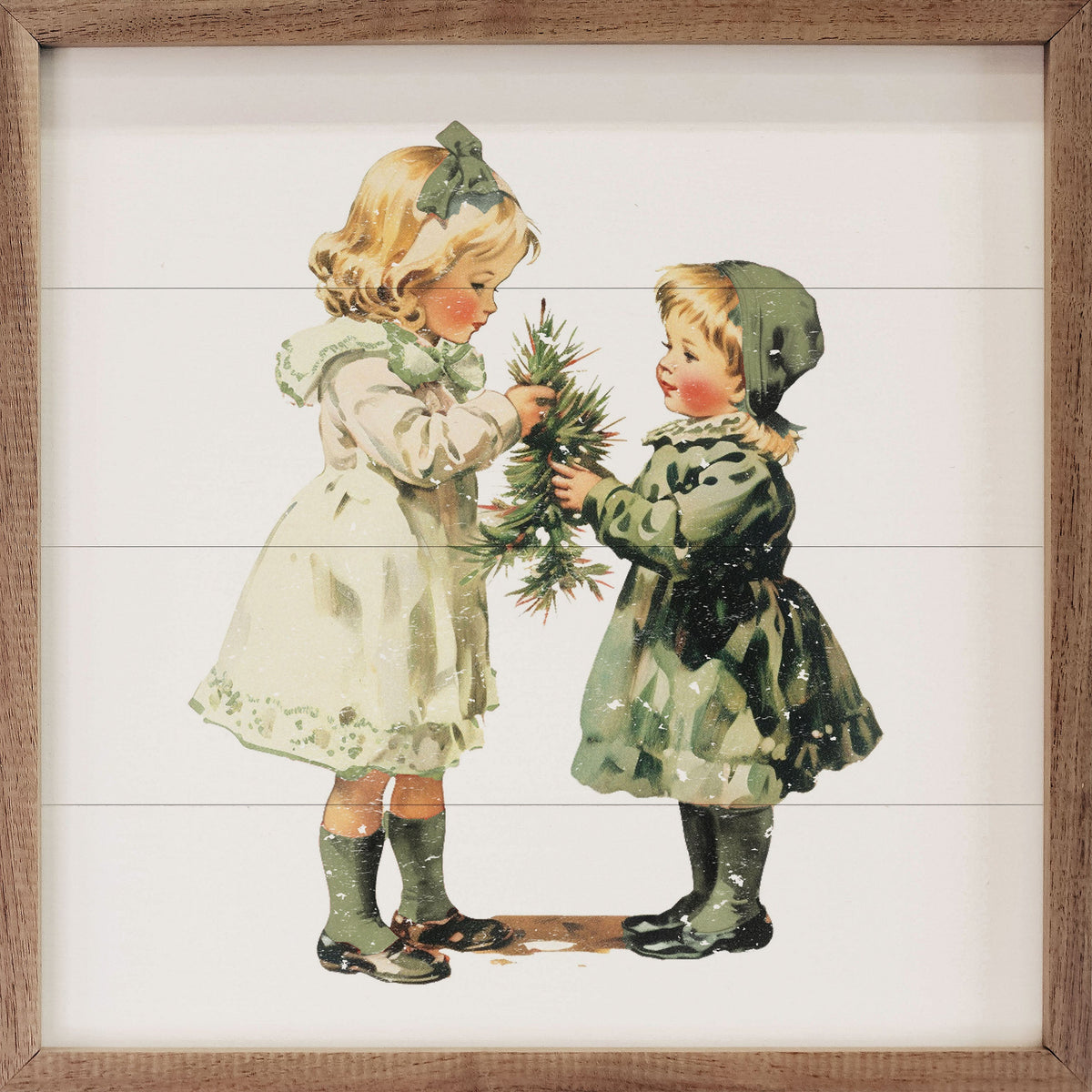 Vintage Girls Christmas With Small Tree Printed and Framed Wall Sign