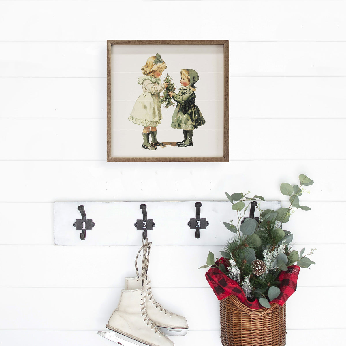 Vintage Girls Christmas With Small Tree Printed and Framed Wall Sign