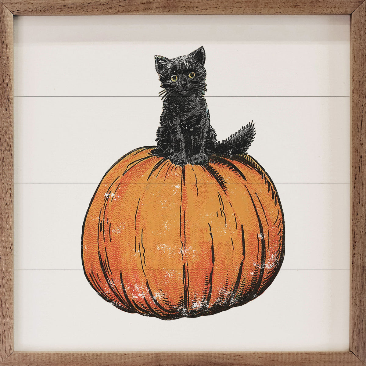 Vintage Halloween Cat On Pumpkin White Printed and Framed Wall Sign