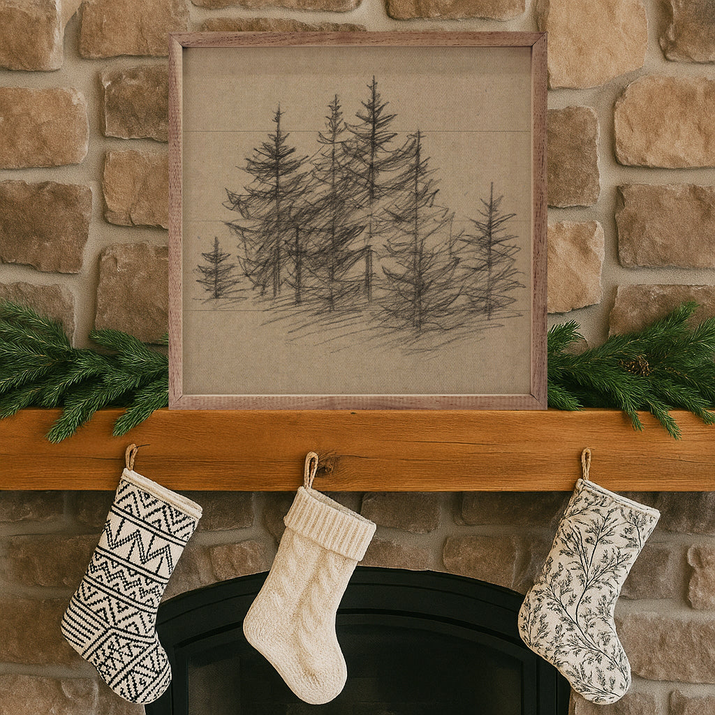 Vintage Pencil Drawing Pines Printed and Framed Wall Sign