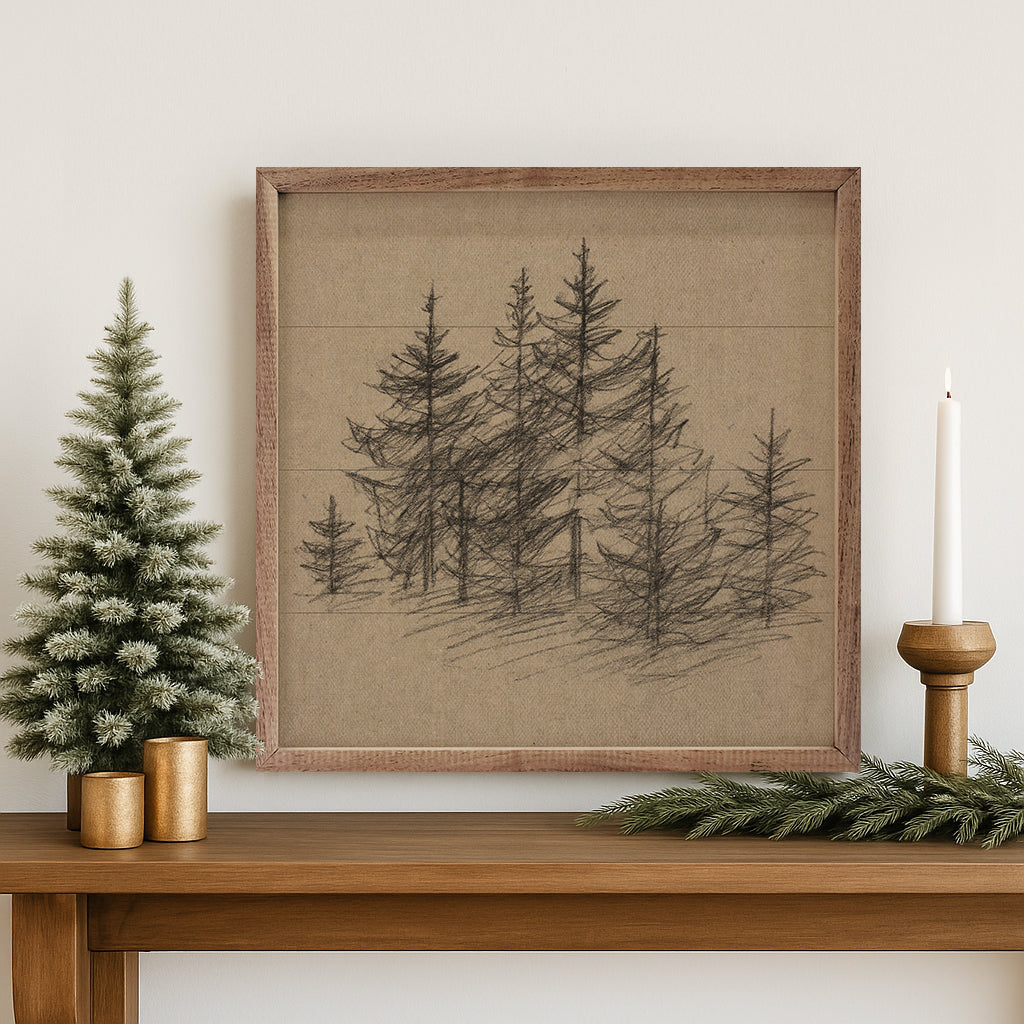 Vintage Pencil Drawing Pines Printed and Framed Wall Sign