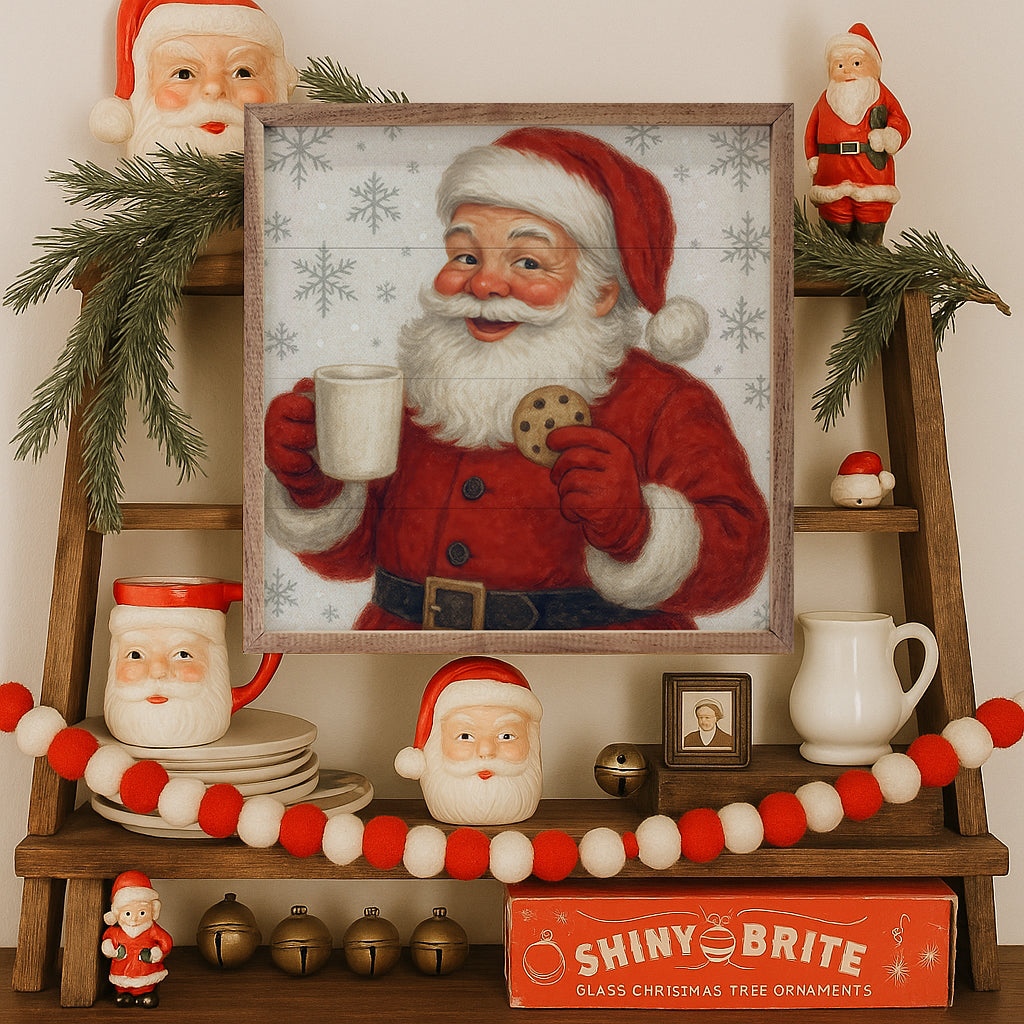 Vintage Santa With Cookies And Milk Printed and Framed Wall Sign