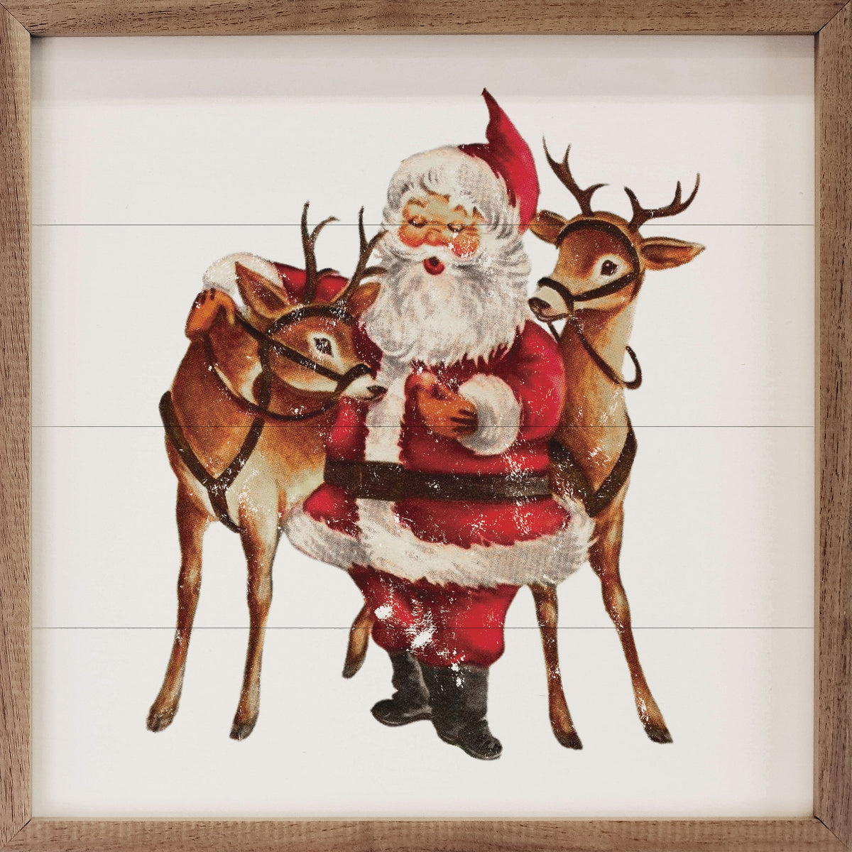 Vintage Two Deer With Santa Printed and Framed Wall Sign