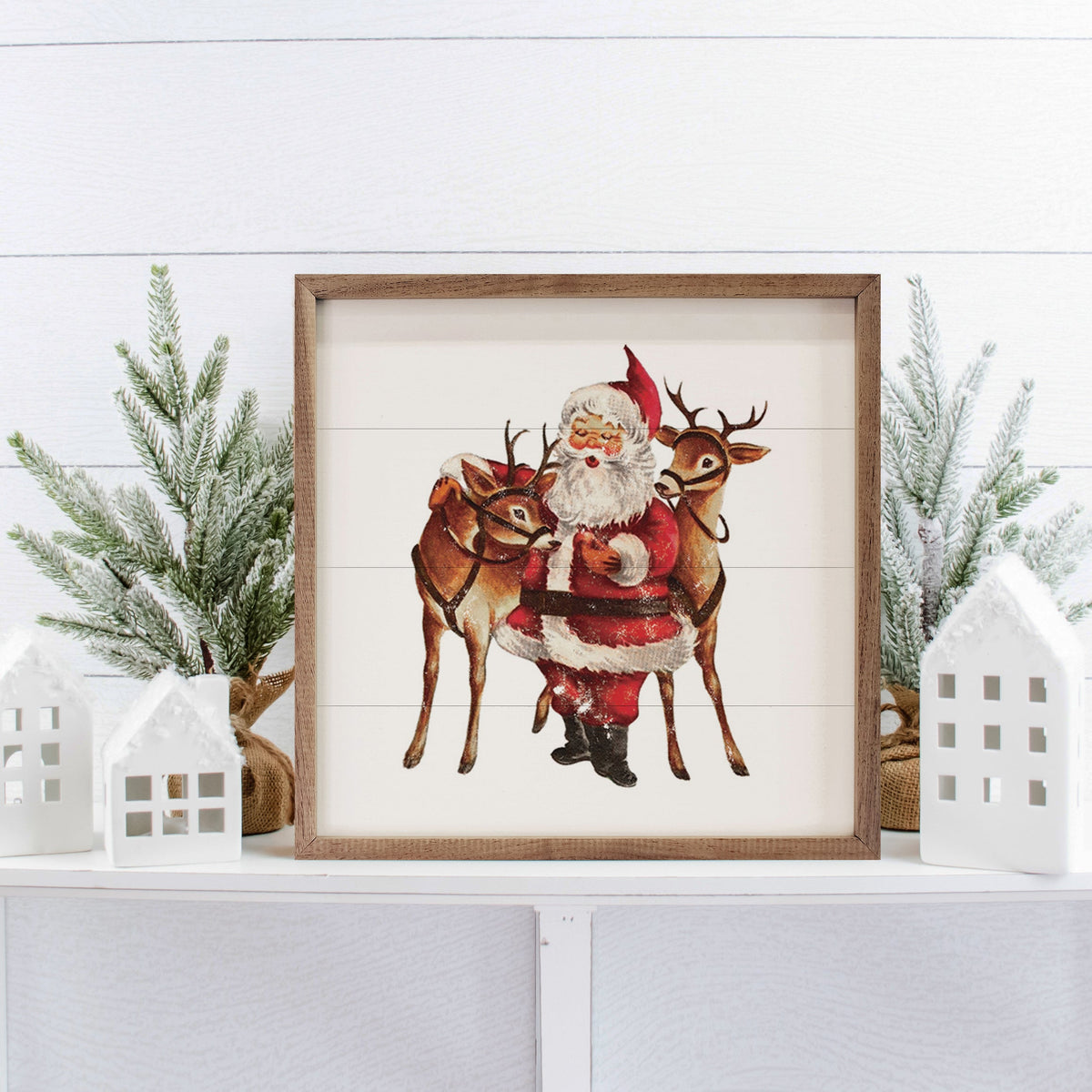 Vintage Two Deer With Santa Printed and Framed Wall Sign