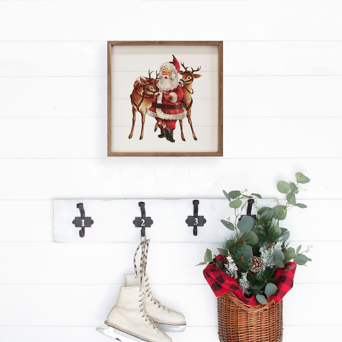 Vintage Two Deer With Santa Printed and Framed Wall Sign