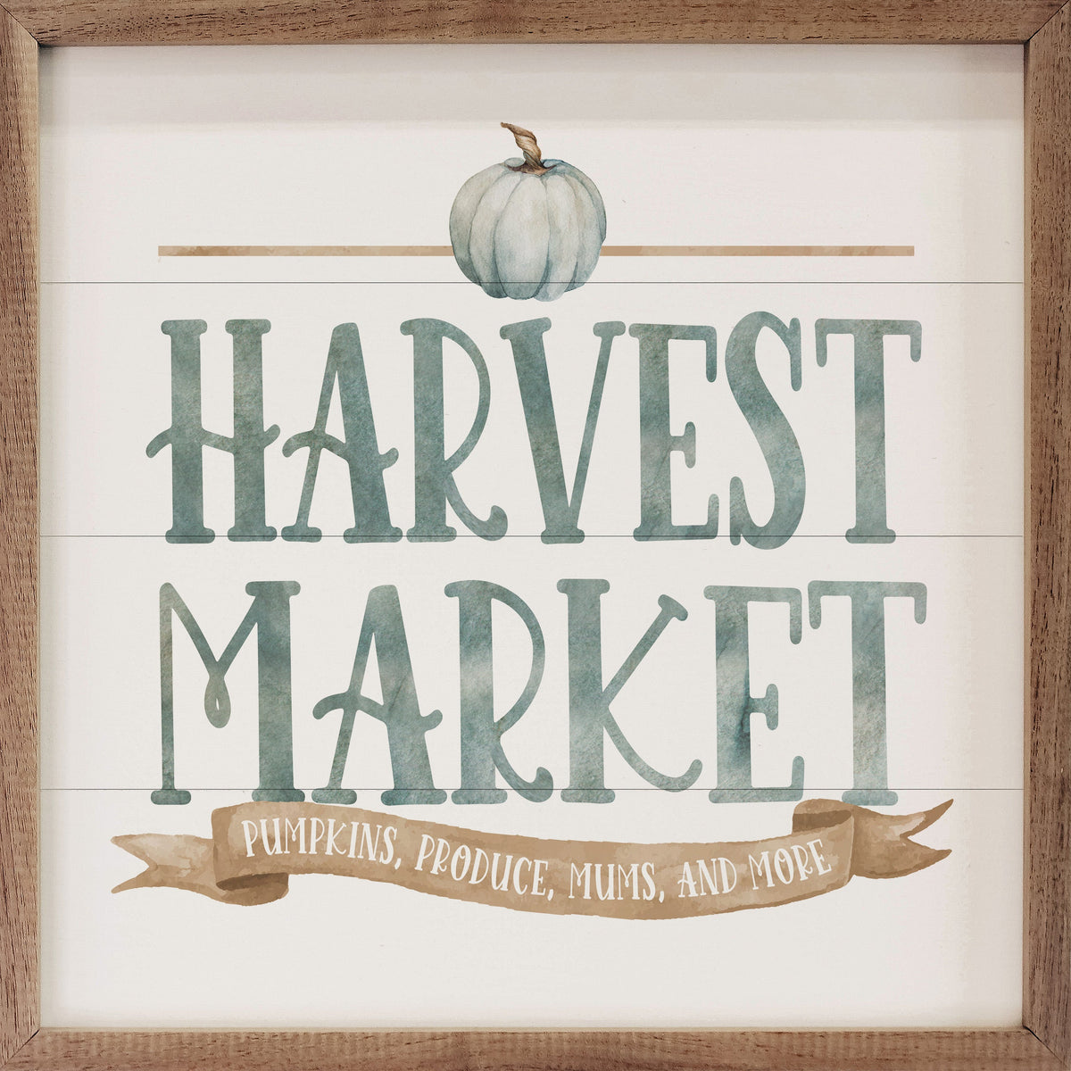 Watercolor Blue Harvest Market Pumpkin White Printed and Framed Wall Sign
