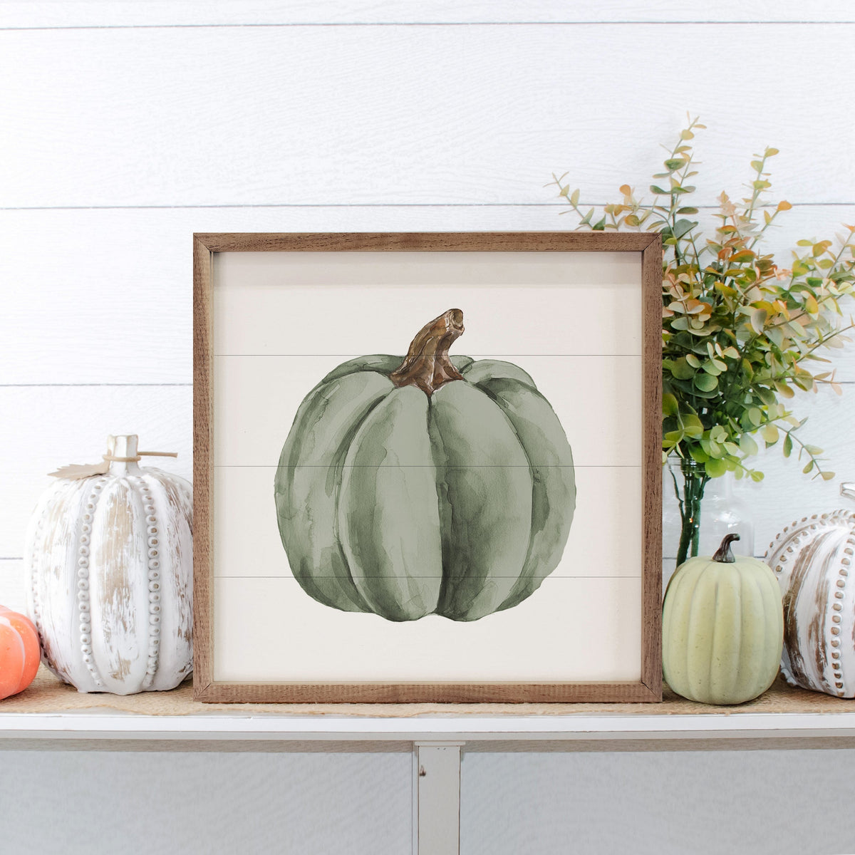 Watercolor Green Pumpkin Printed and Framed Wall Sign