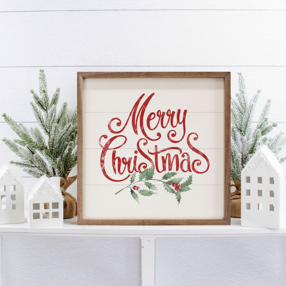 Watercolor Merry Christmas Holly Printed and Framed Wall Sign