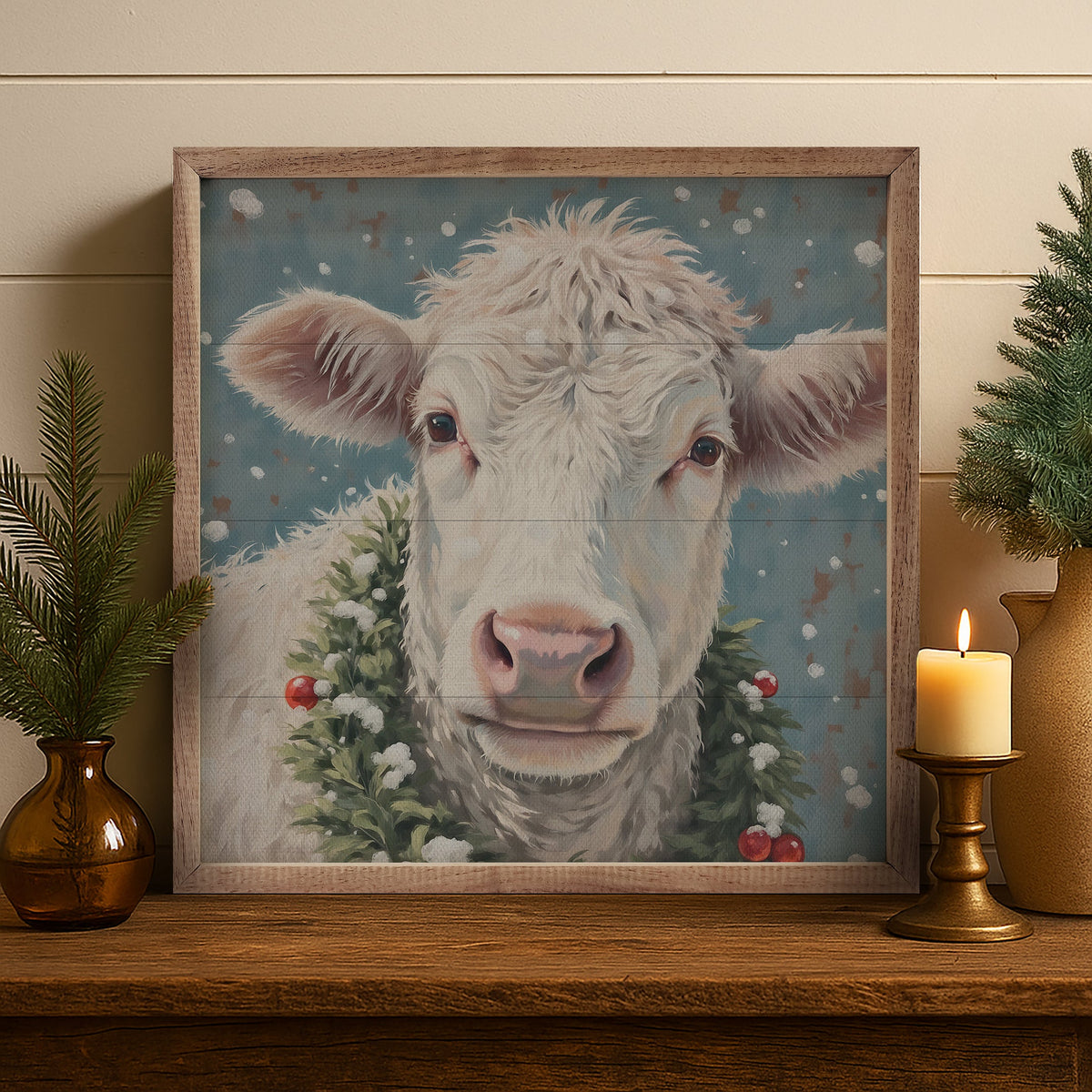 White Cow Berry Wreath Printed and Framed Wall Sign