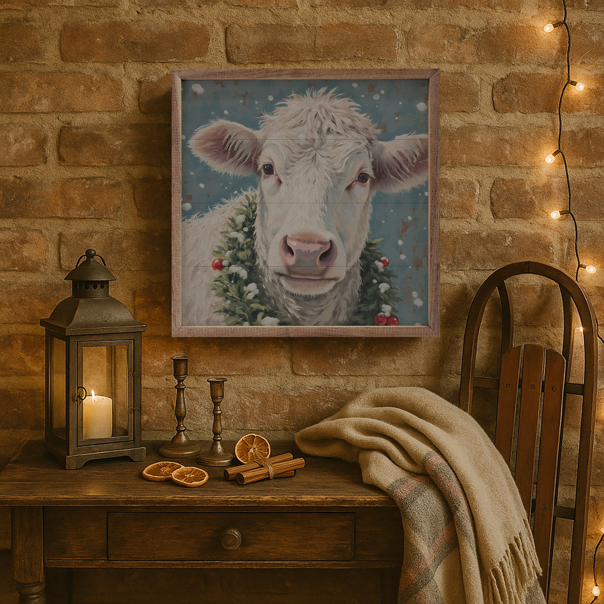 White Cow Berry Wreath Printed and Framed Wall Sign