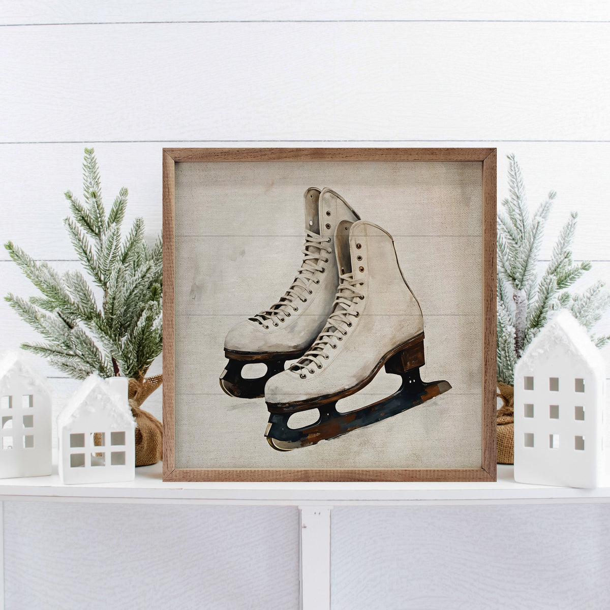 White Ice Skates Printed and Framed Wall Sign
