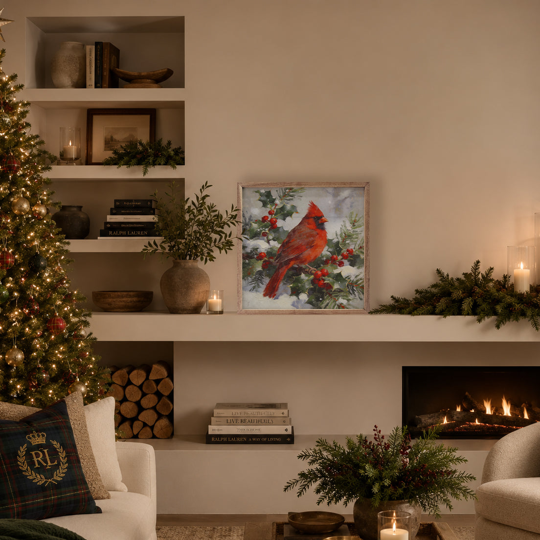 Winter Cardinal Branch Printed and Framed Wall Sign
