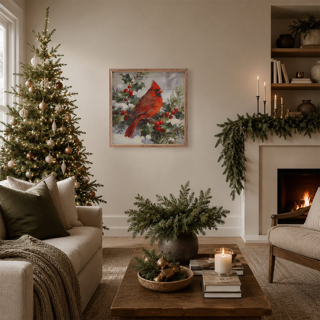 Winter Cardinal Branch Printed and Framed Wall Sign
