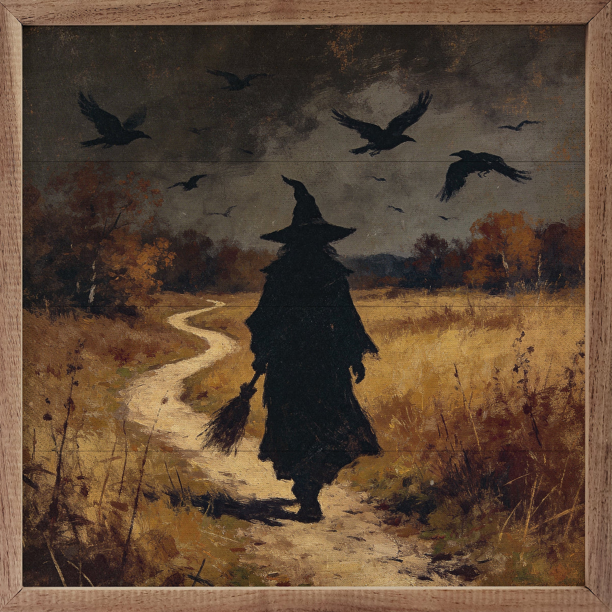 Witch Walking Alongside Bats Printed and Framed Wall Sign