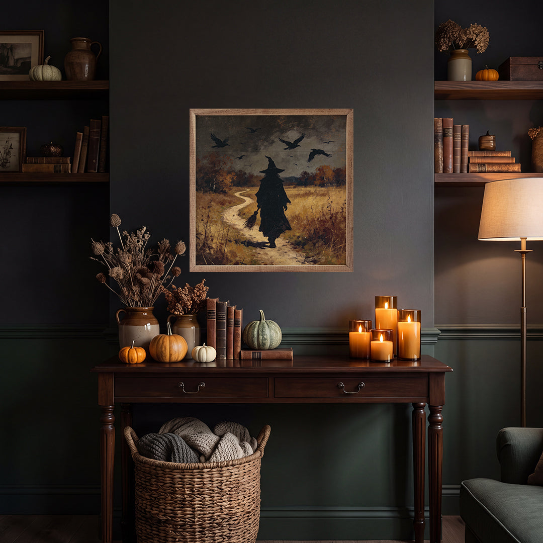 Witch Walking Alongside Bats Printed and Framed Wall Sign