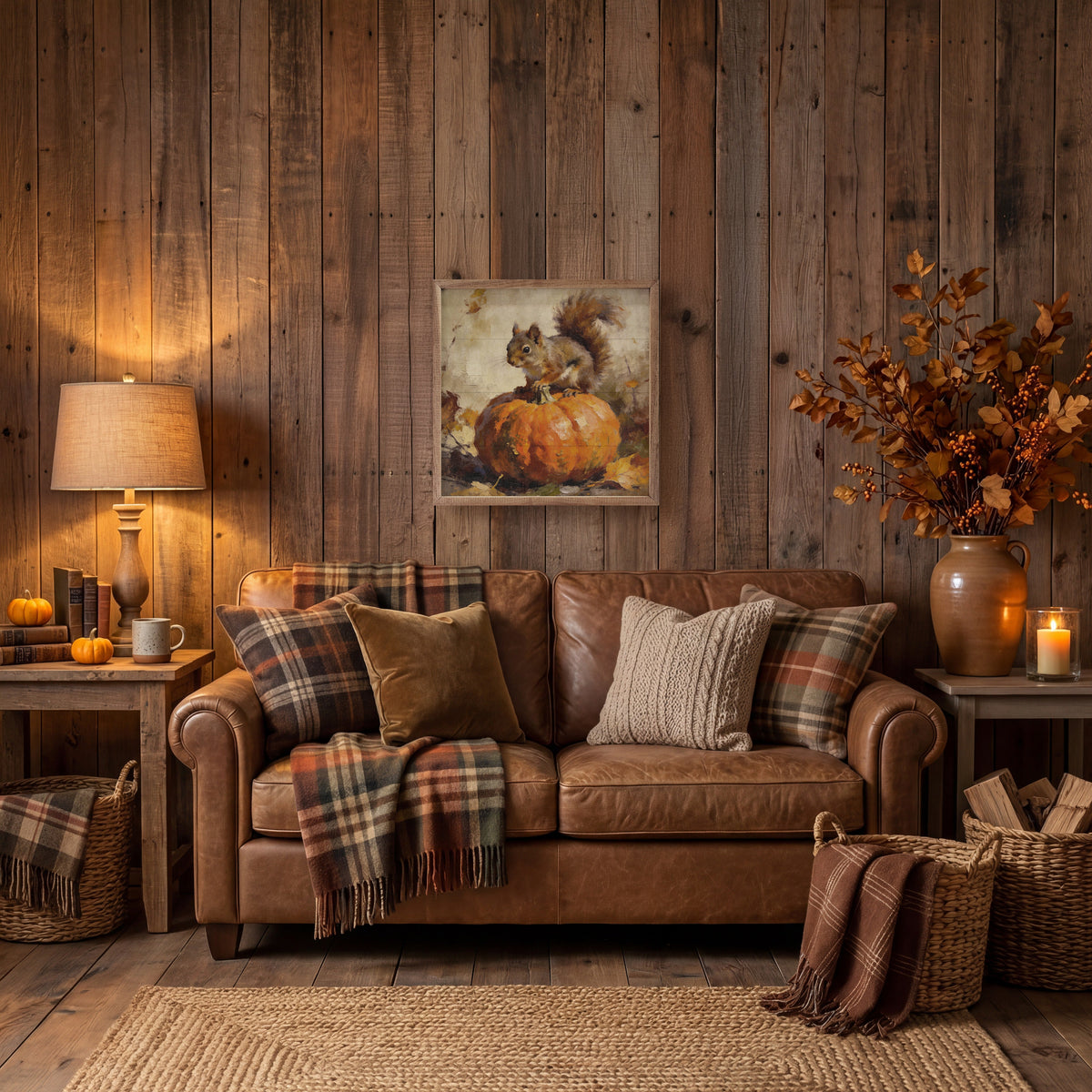 Woodland Squirrel And Pumpkin Printed and Framed Wall Sign