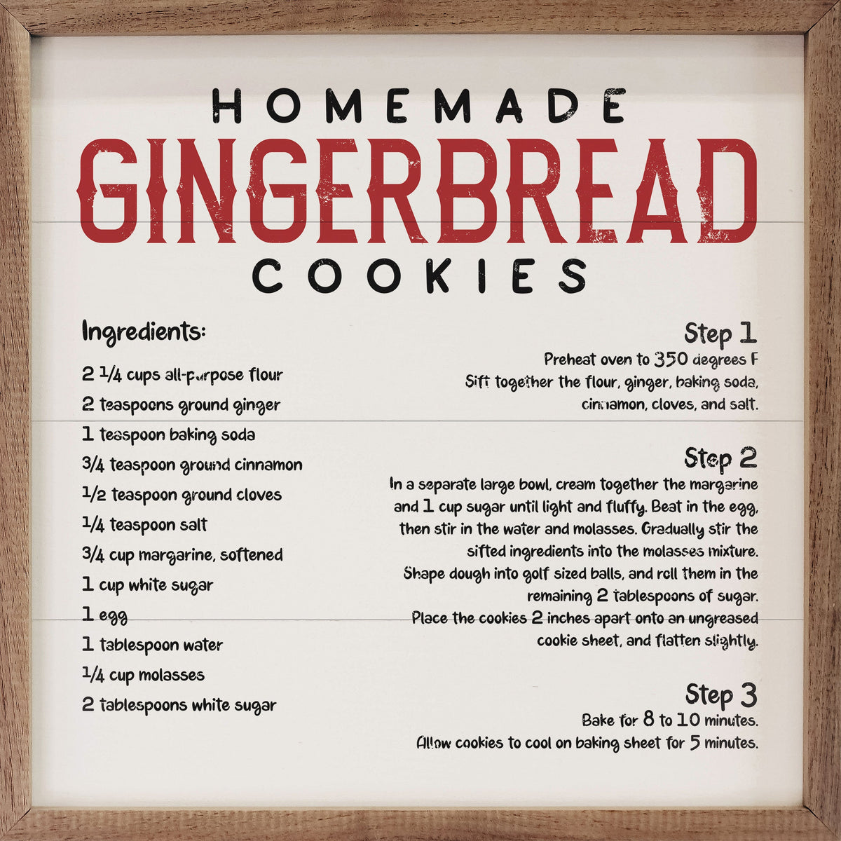 Gingerbread Cookie Recipe White Printed and Framed Wall Sign