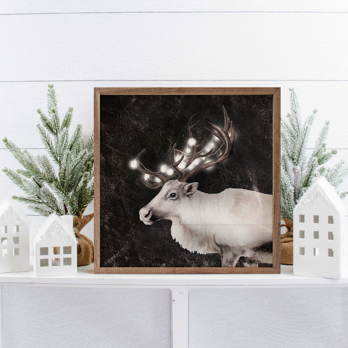 Glowing Reindeer Black Printed and Framed Wall Sign