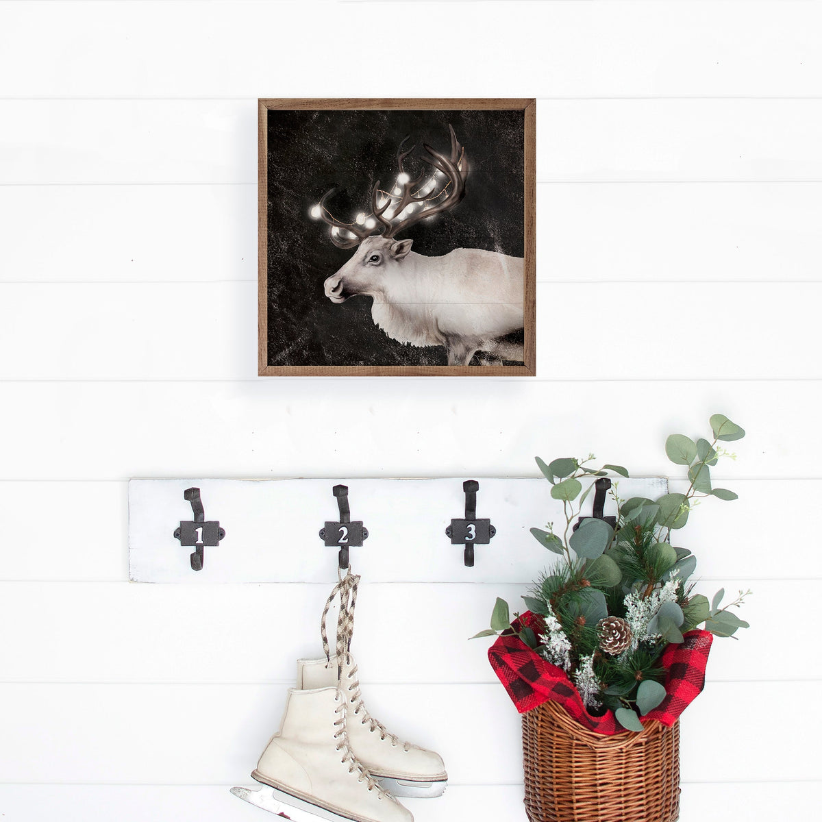 Glowing Reindeer Black Printed and Framed Wall Sign